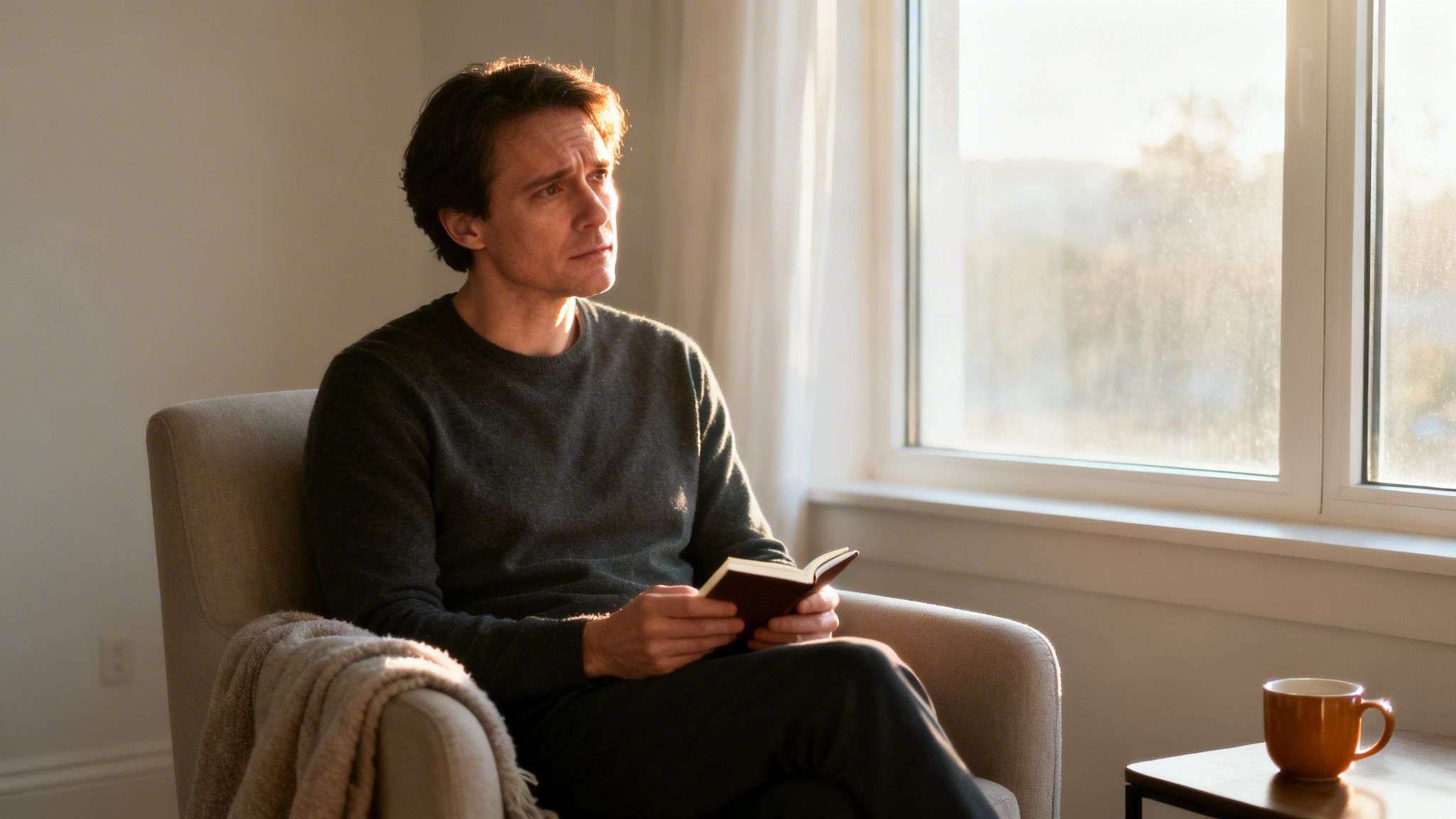 A man with a thoughtful expression sits in an armchair by a sunny window, holding a small book.
