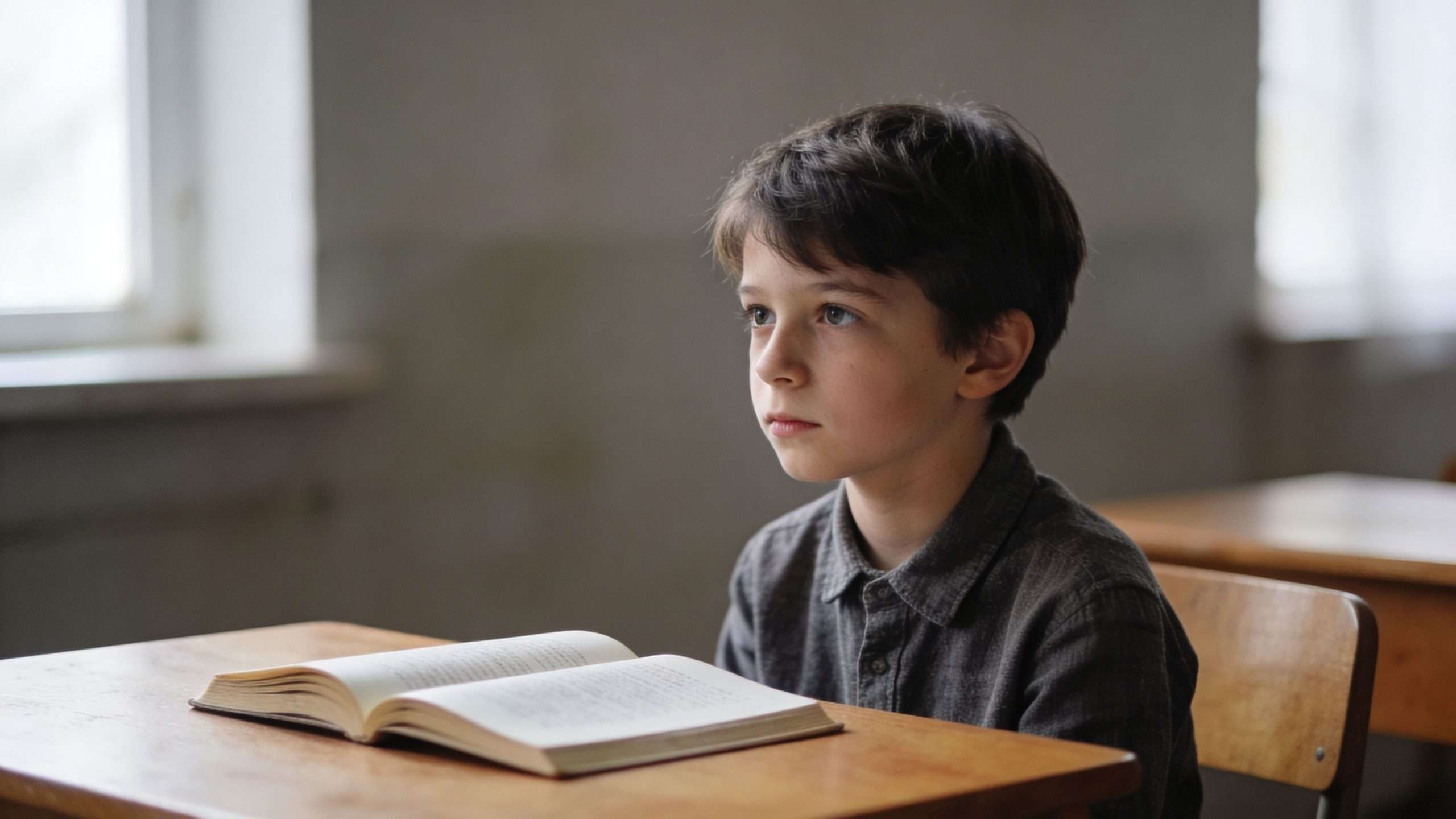 A young boy with focused expression sits at a wooden desk in a quiet classroom with a book.
