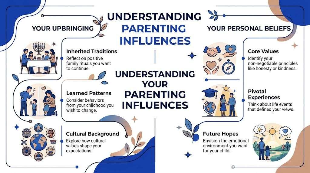 A visual guide explaining how upbringing and personal beliefs influence your approach to raising children.