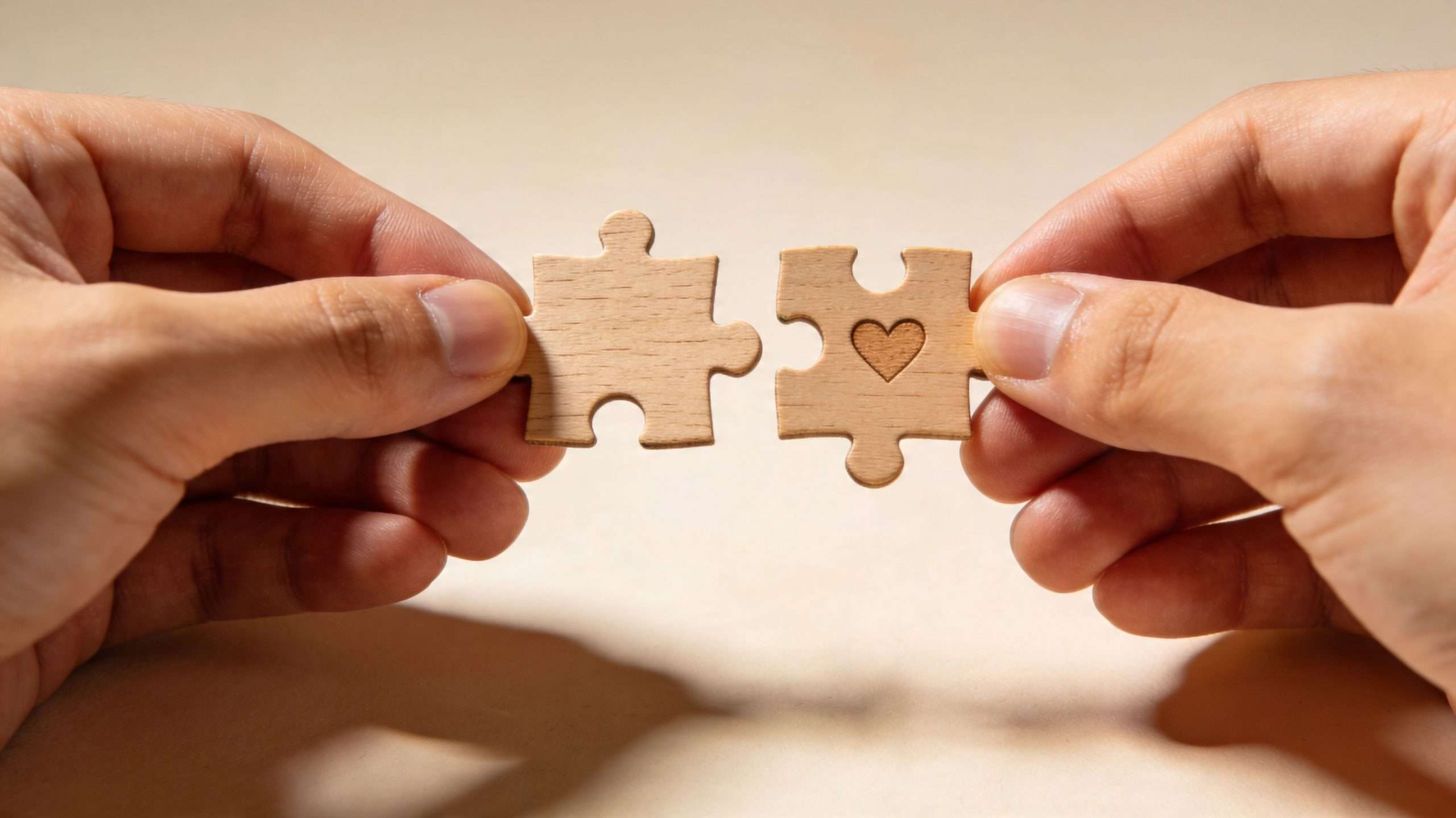 Two hands holding wooden puzzle pieces together, one piece featuring a small carved heart symbol.