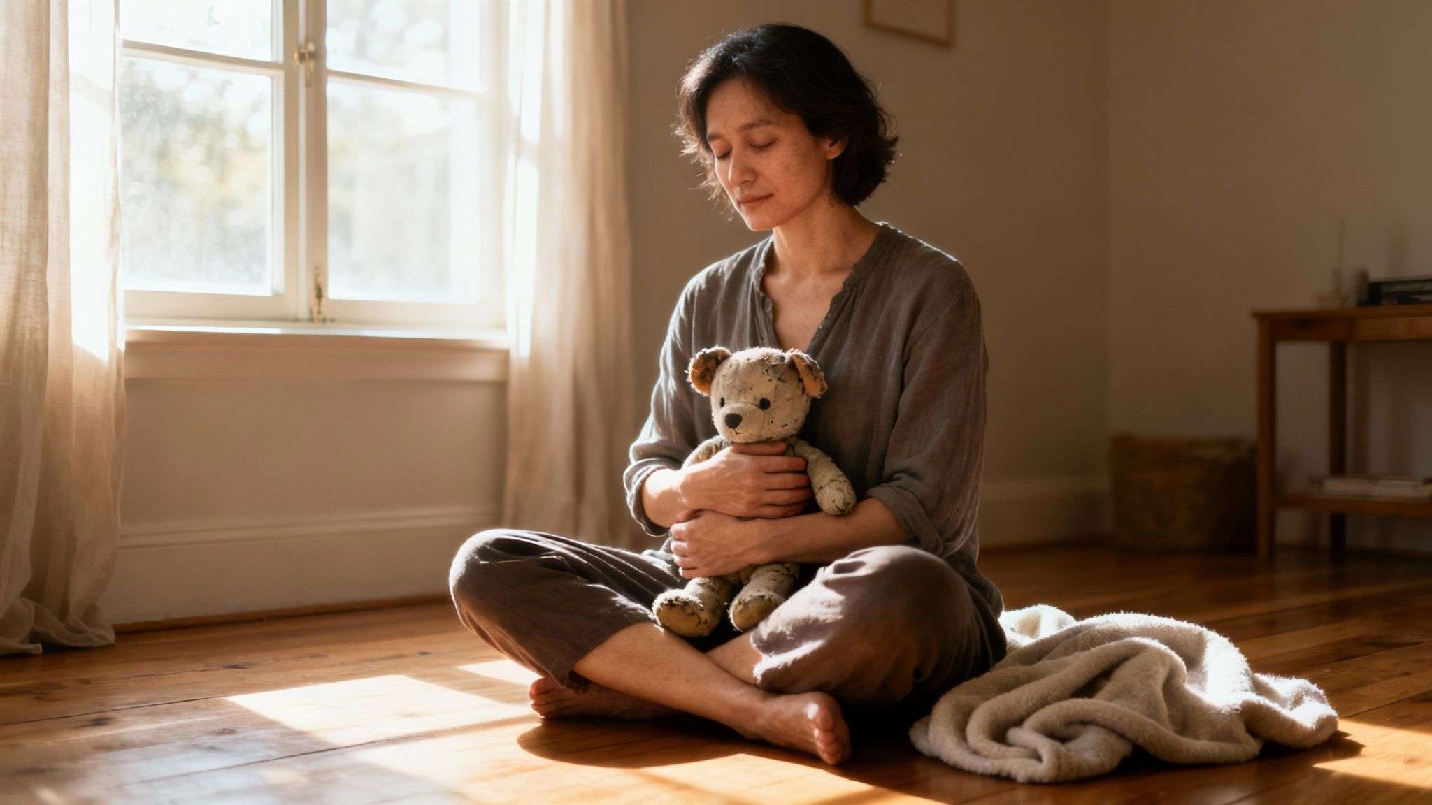 An adult woman sits on a sunlit wooden floor, holding a worn teddy bear with eyes closed.