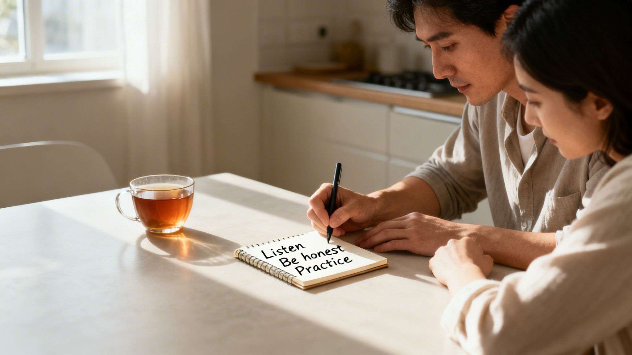 An Asian couple at a table, man writing 'Listen, Be honest, Practice' in a notebook, next to a cup of tea.