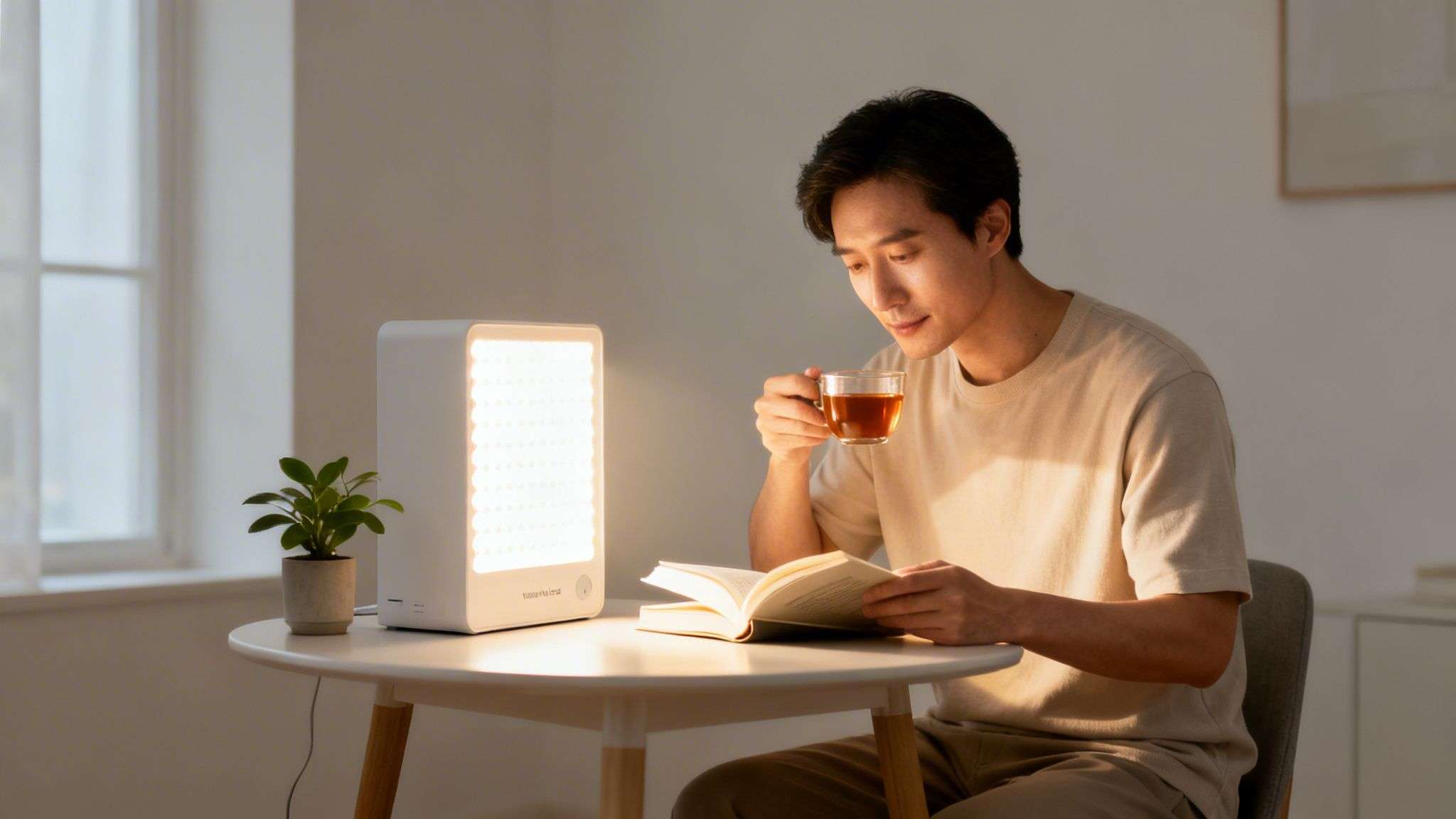 An Asian man reads a book and drinks tea beside a bright light therapy lamp.