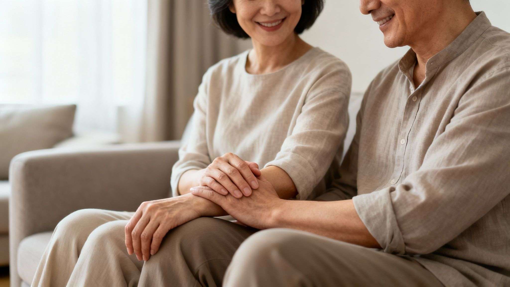 An elderly Asian couple shares a tender moment on a sofa, hands intertwined with loving smiles.