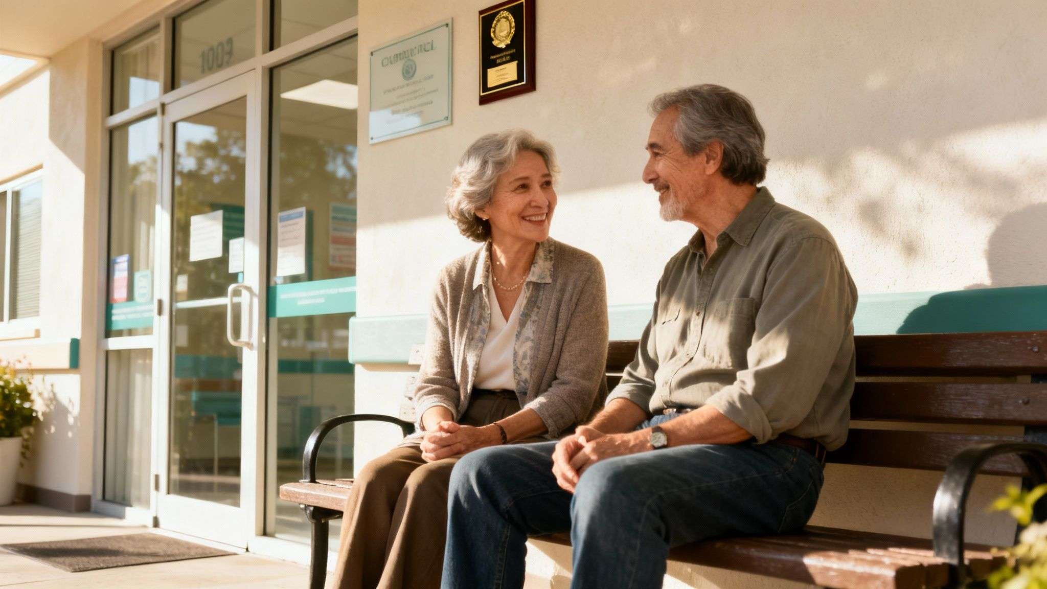 An elderly couple smiles at each other while sitting on a bench outside a clinic building.