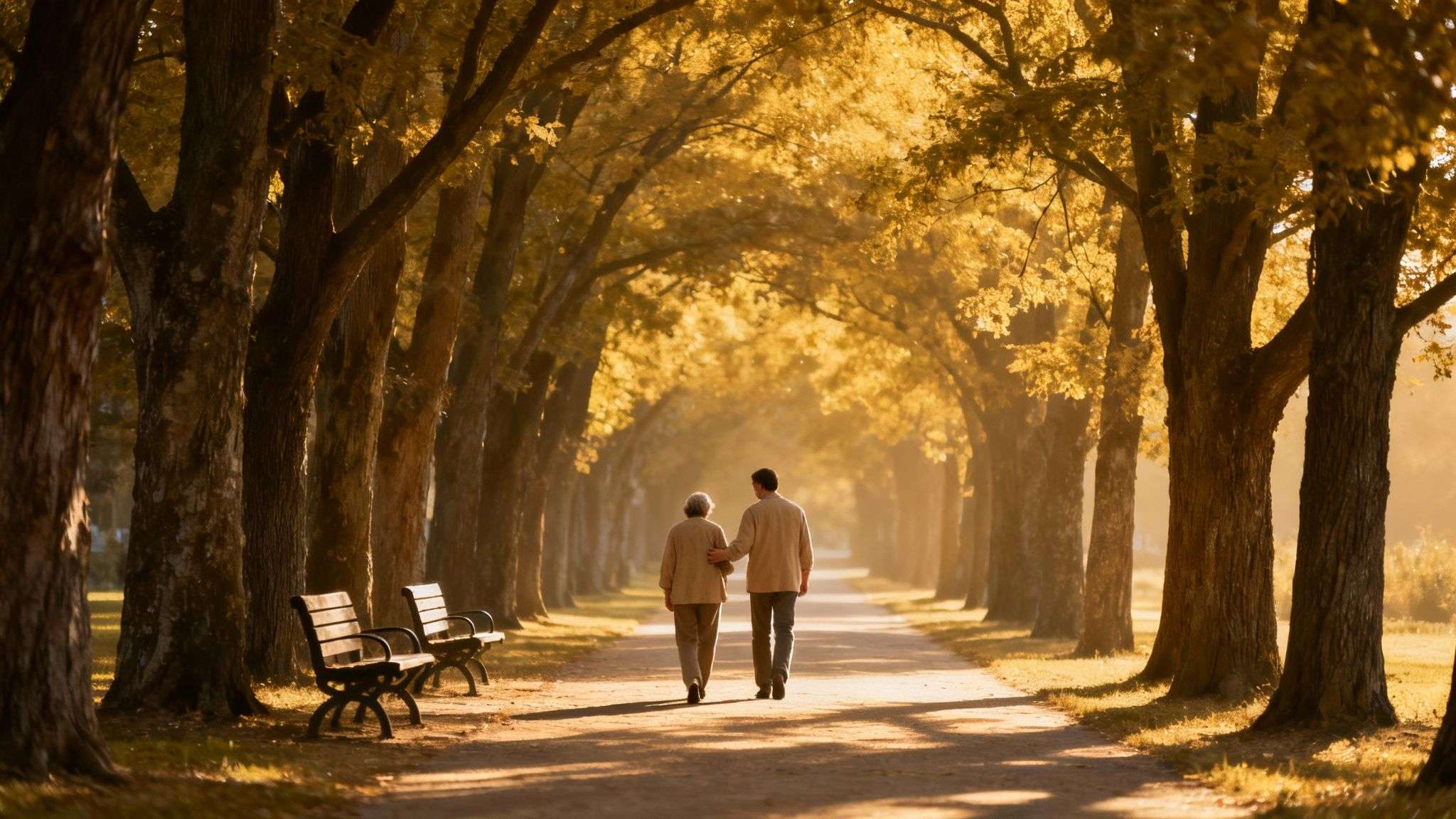 An elderly couple walks hand-in-hand down a sunlit path lined with golden autumn trees.
