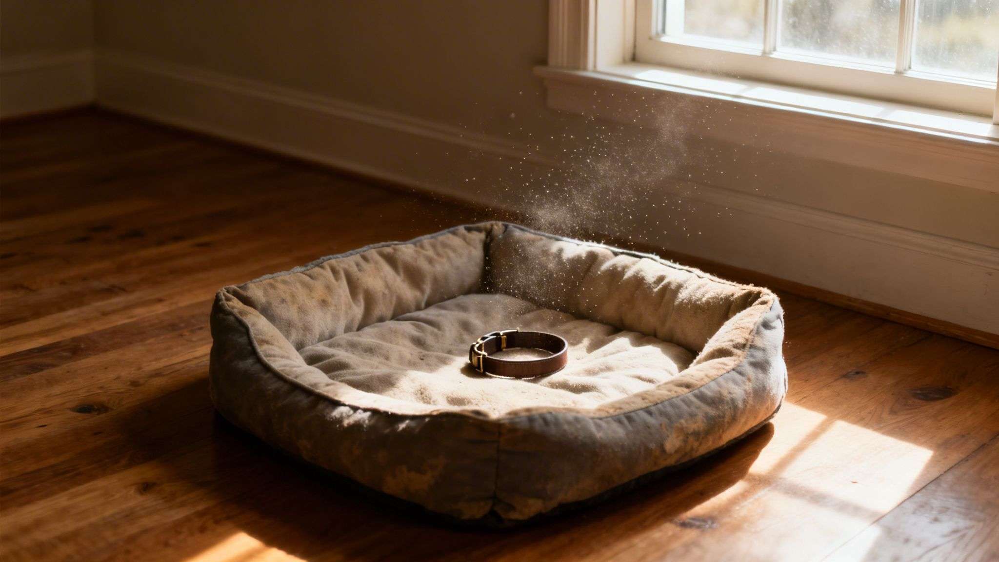 An empty, worn dog bed with a brown leather collar catches sunlight, revealing dust particles in the air.