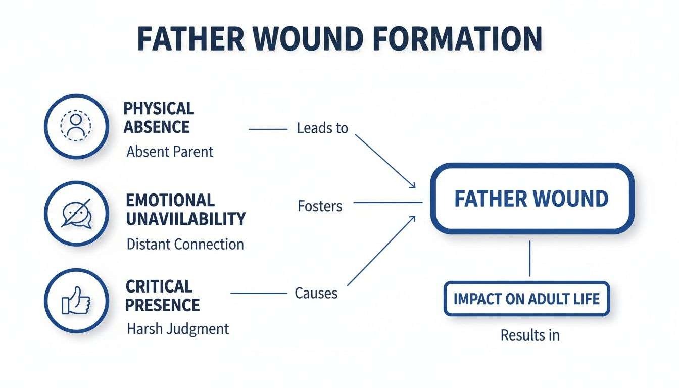 An infographic illustrating how physical absence, emotional unavailability, and critical presence form a father wound and impact adult life.
