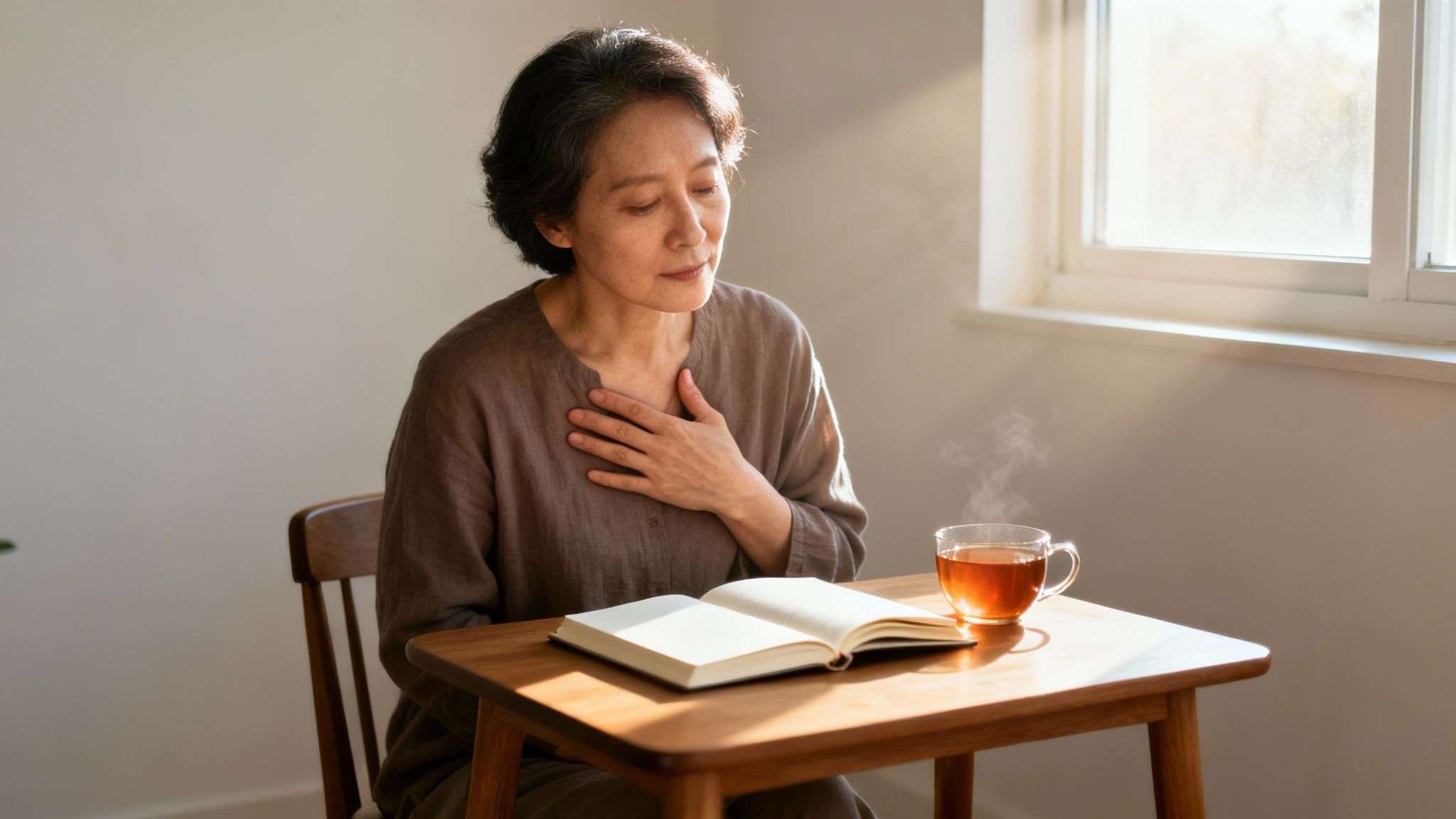 An older Asian woman reflecting peacefully at a table with a book and steaming tea.