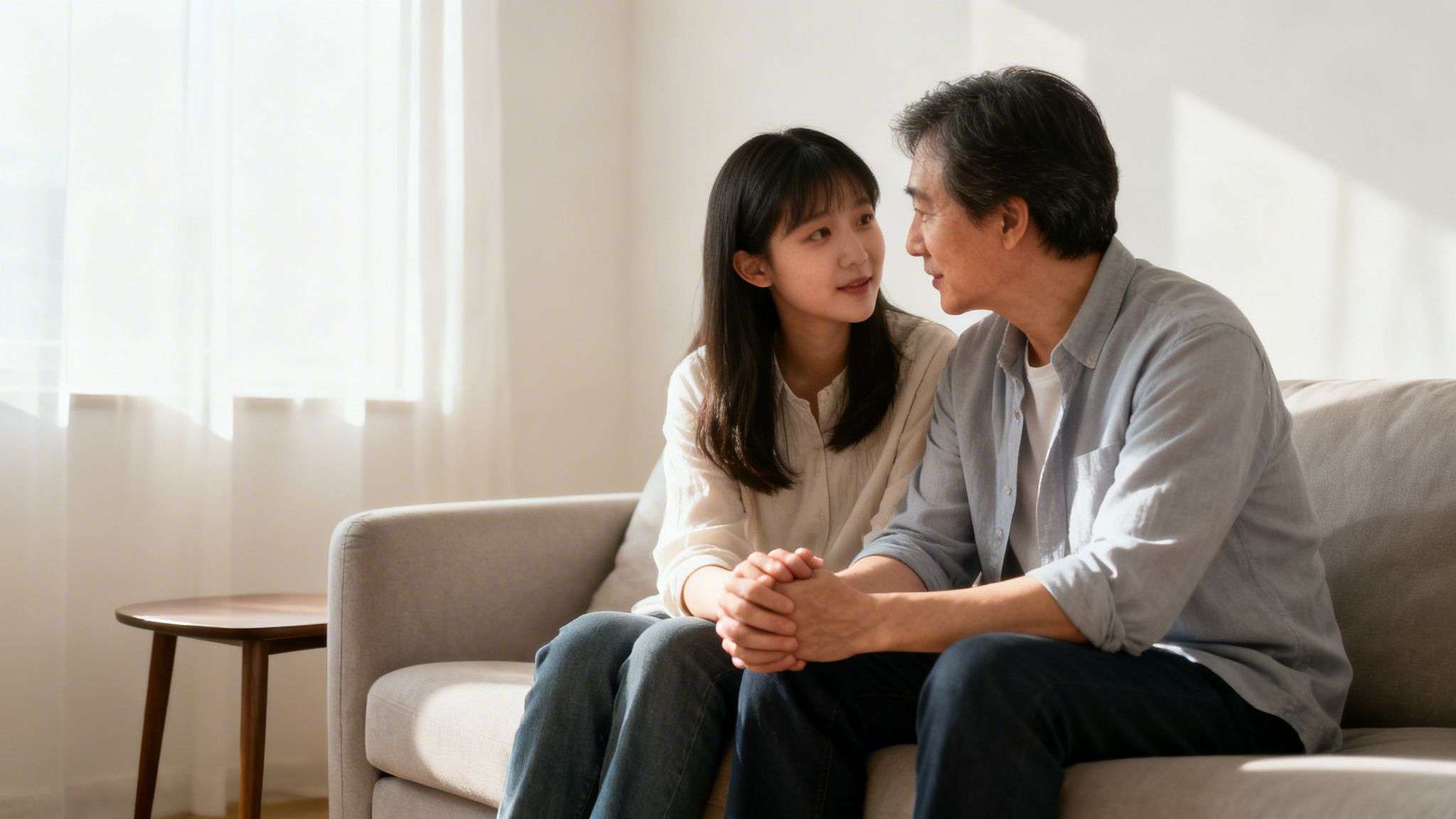 An older man and younger woman sit on a sofa, looking at each other with clasped hands.