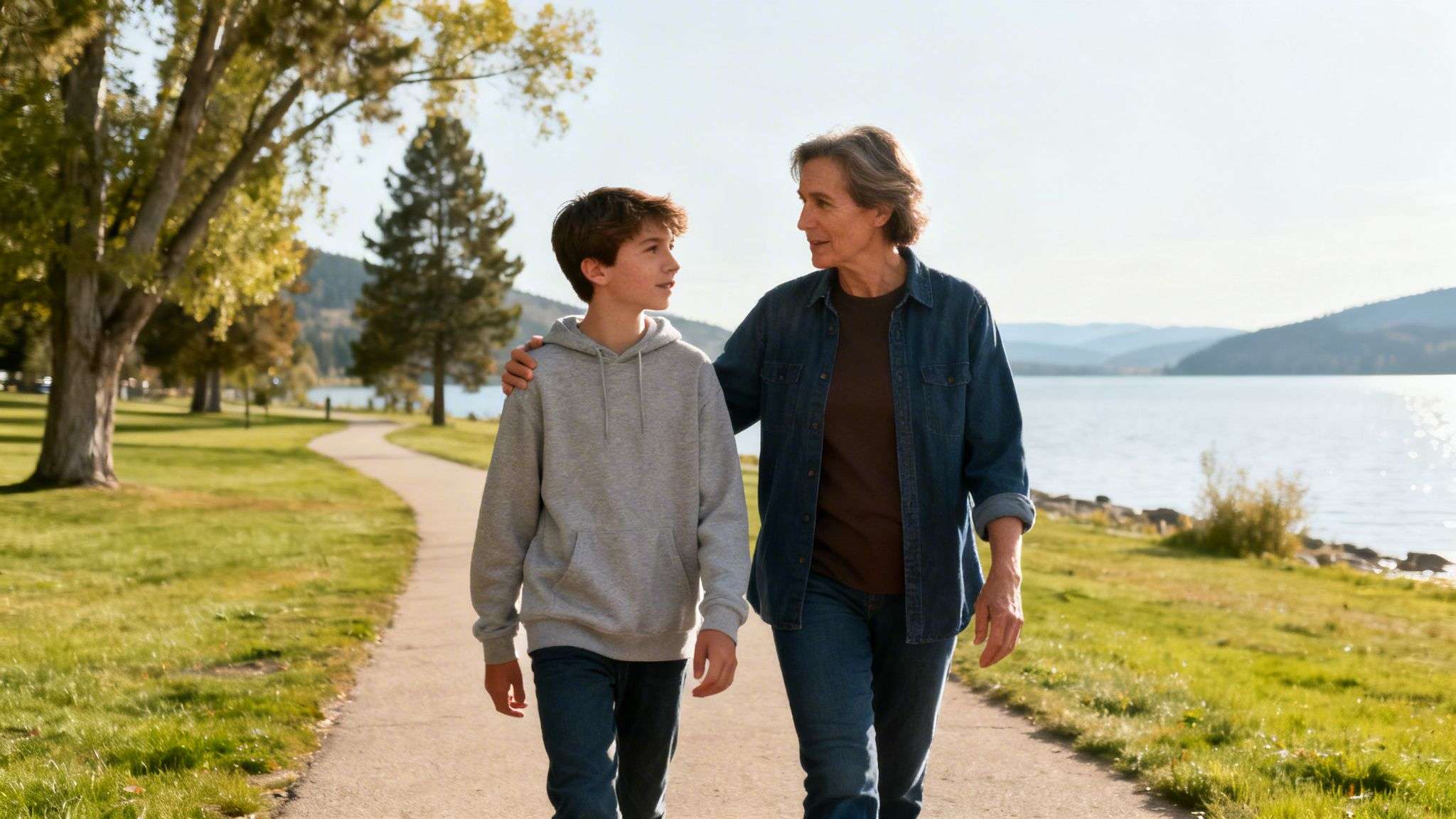 An older woman and a young boy walk together on a path by a lake, looking at each other.