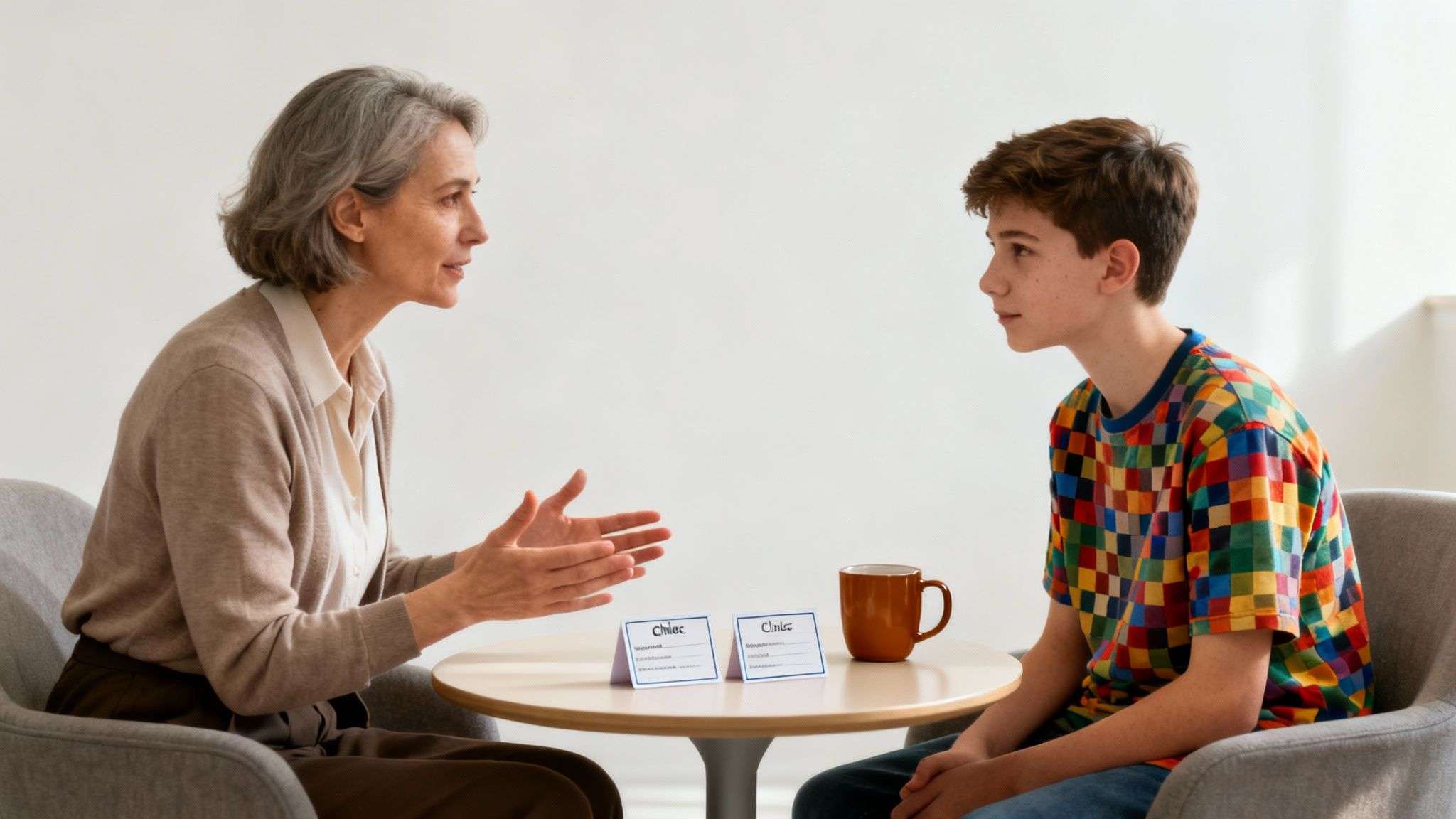 An older woman gestures while talking to a young boy at a table with name cards.