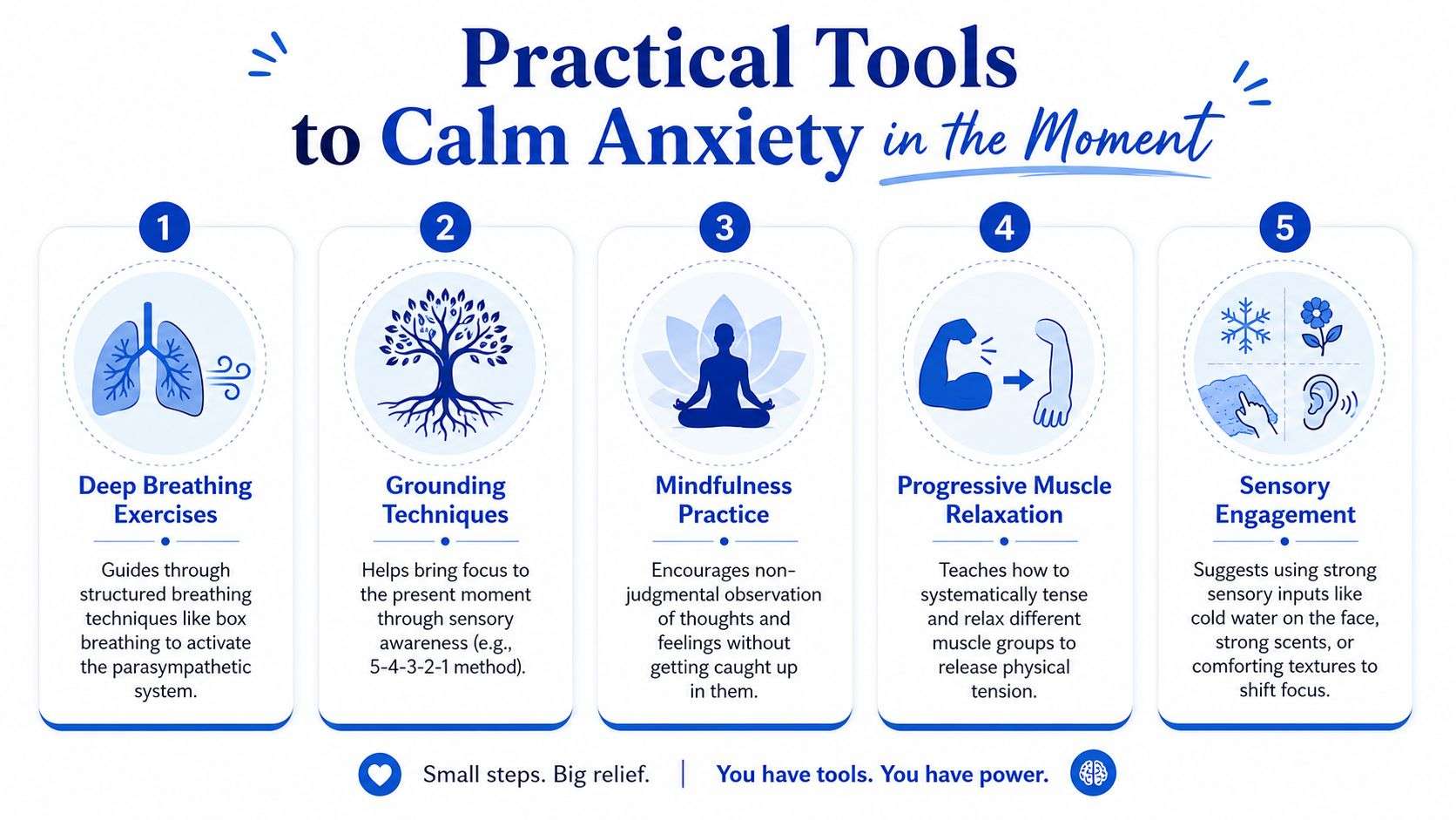 An infographic titled Practical Tools to Calm Anxiety in the Moment featuring five numbered anxiety-relief techniques.