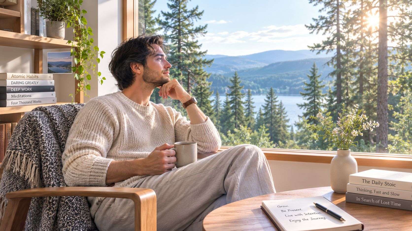 A man in a cozy sweater relaxing with coffee by a large window overlooking a scenic lake.