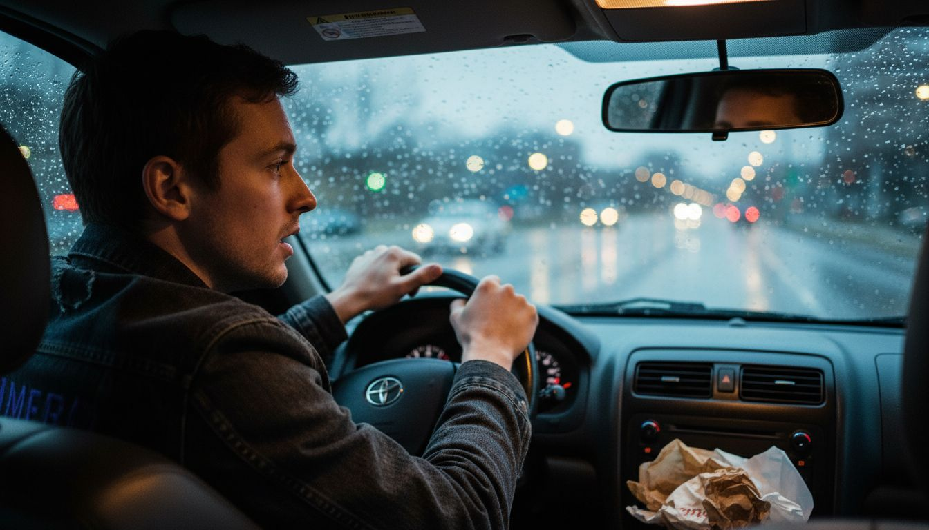 Anxious driver tightly gripping steering wheel