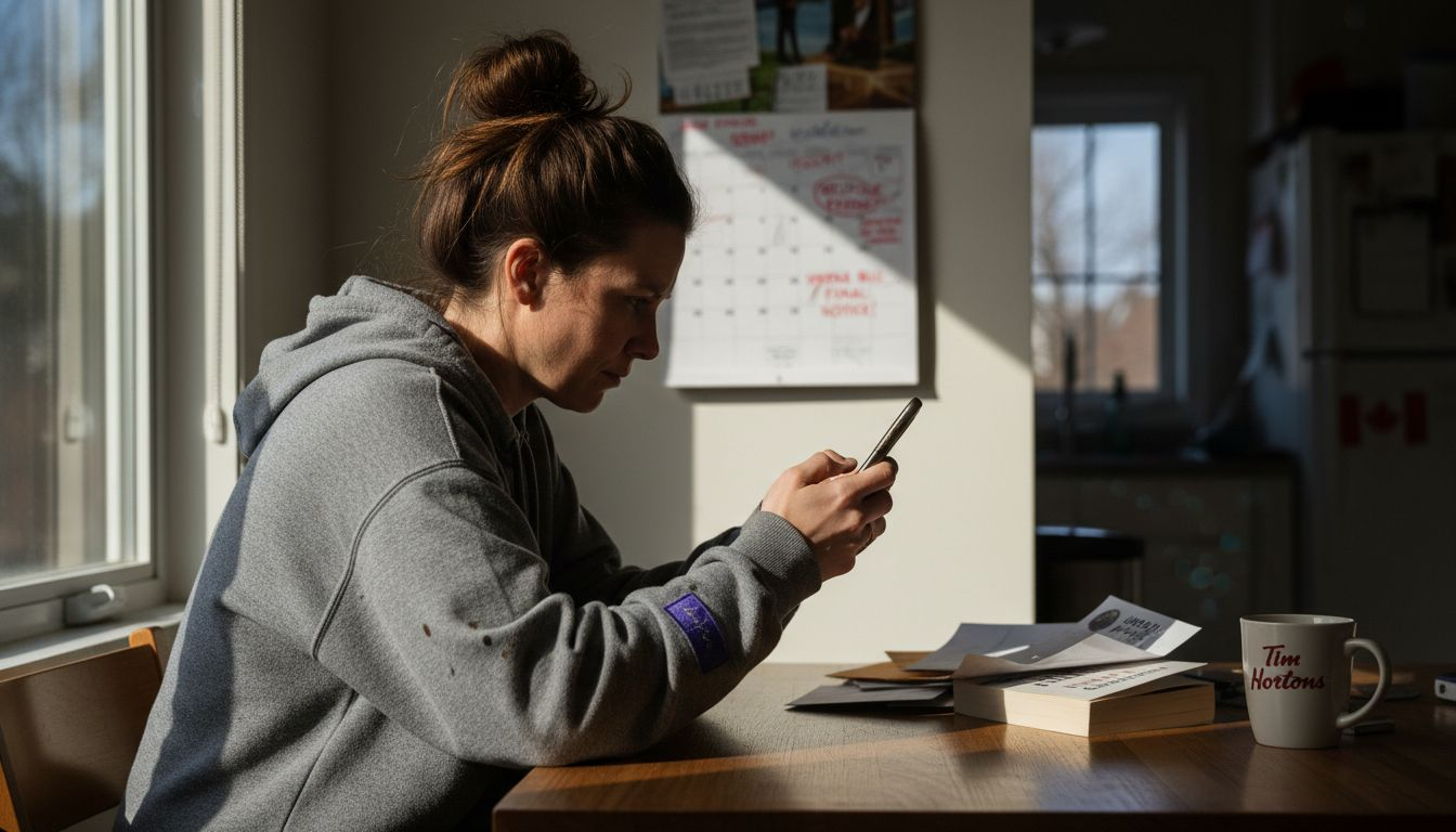 Anxious woman checks calendar at kitchen table