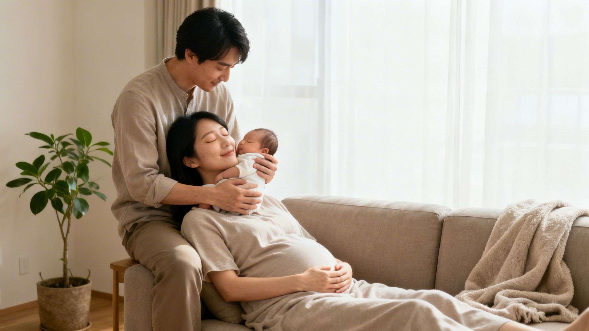 Asian father embraces newborn, gently kissing its head, as pregnant mother smiles on a couch.