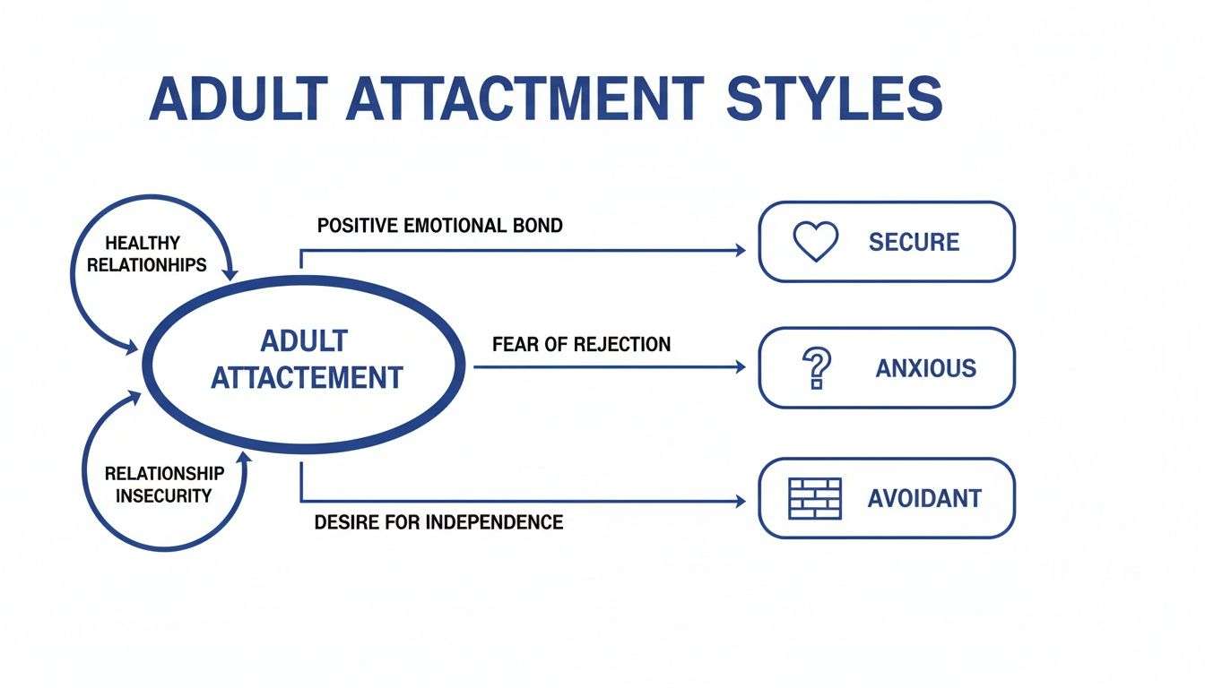 Diagram illustrating adult attachment styles: Secure, Anxious, and Avoidant, with their characteristics.