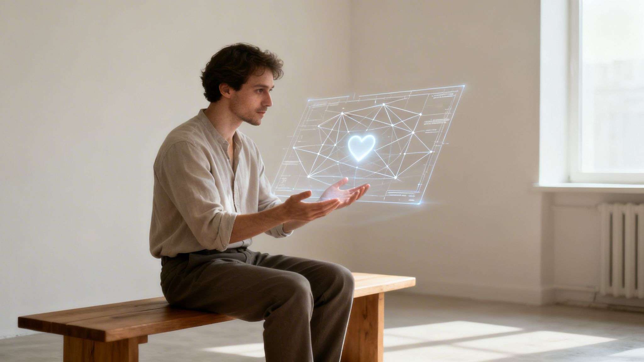 A man sitting on a bench interacts with a glowing holographic heart display in a bright room.