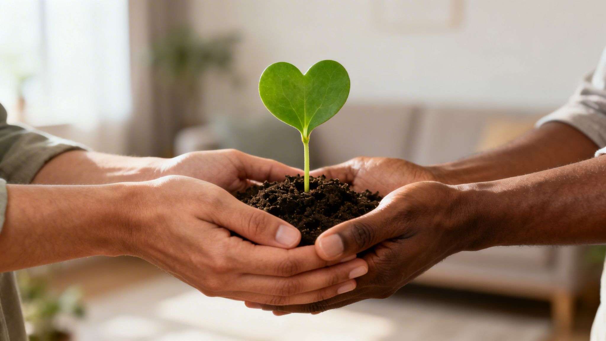 Diverse hands gently cradle a young seedling with a distinctive heart-shaped leaf in soil.
