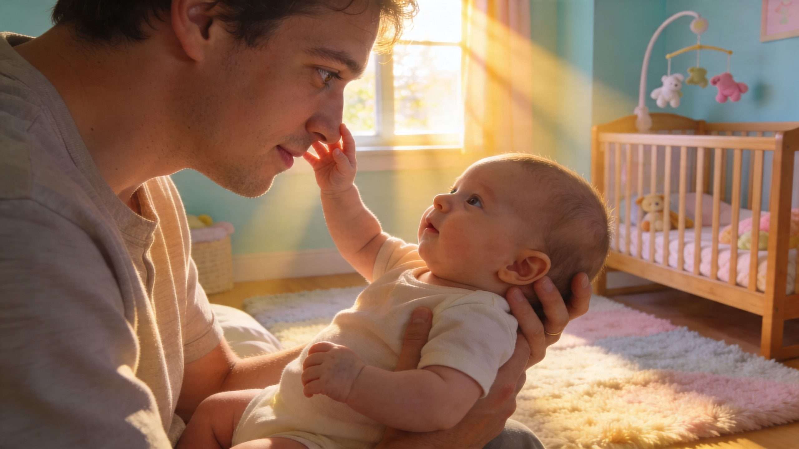 A loving father holding his baby in a sunlit nursery, bonding through gentle touch and eye contact.