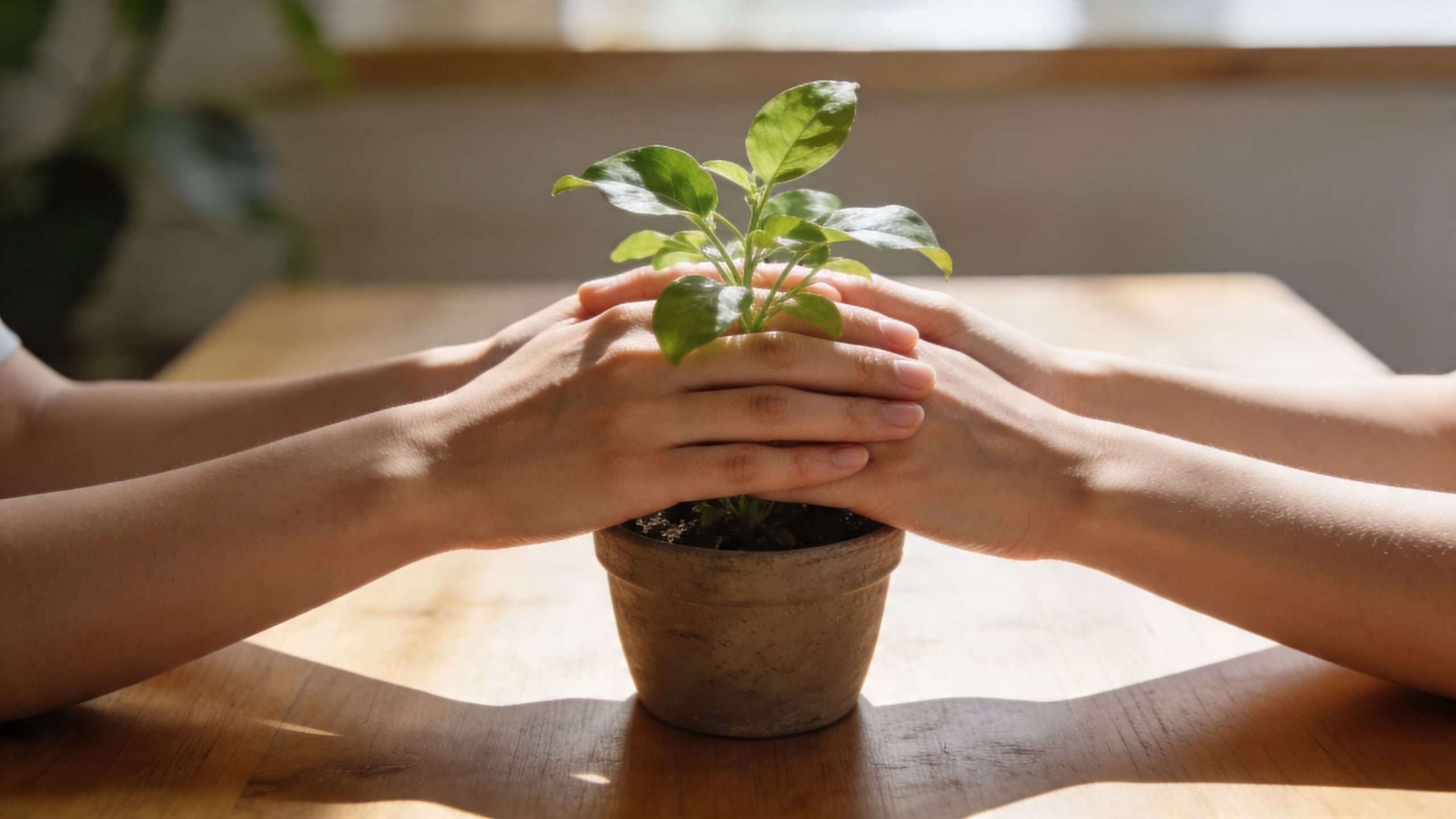 Two people hold their hands gently around a small green plant in a clay pot on a table.