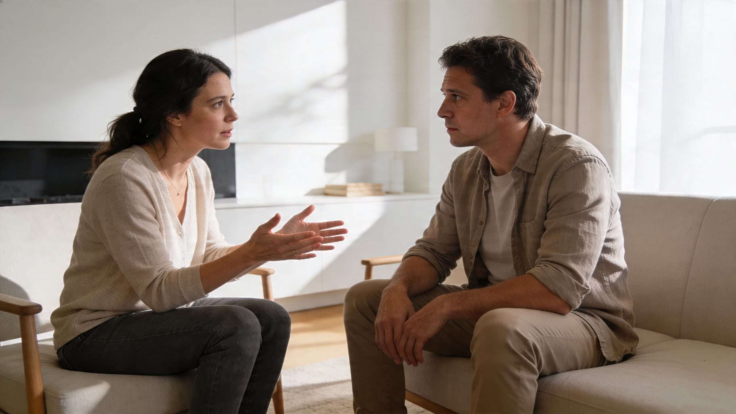 A woman and a man sitting on a sofa and having an intense conversation in a living room.