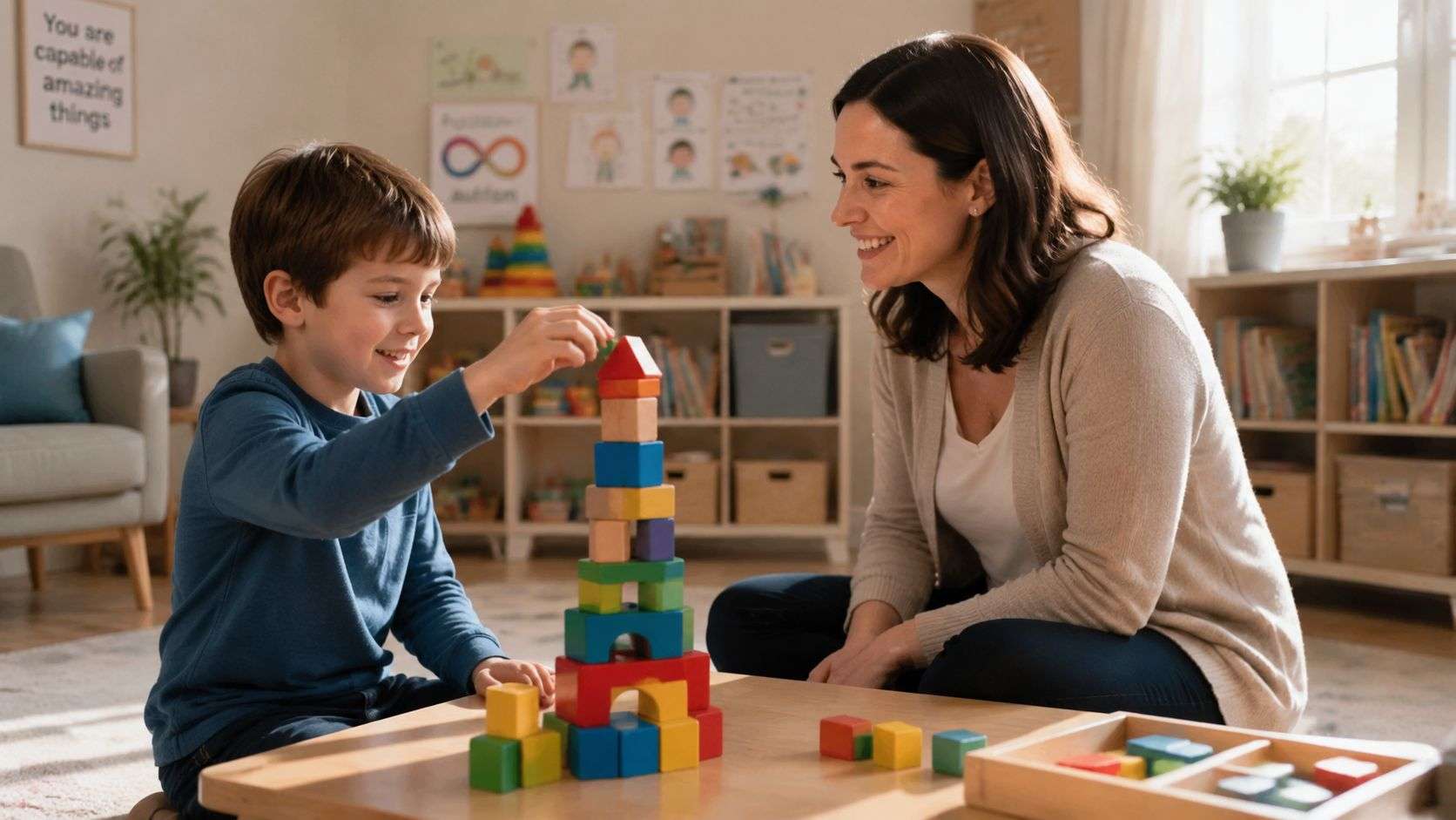 A therapist works with a young child playing with colorful wooden building blocks in a bright room.