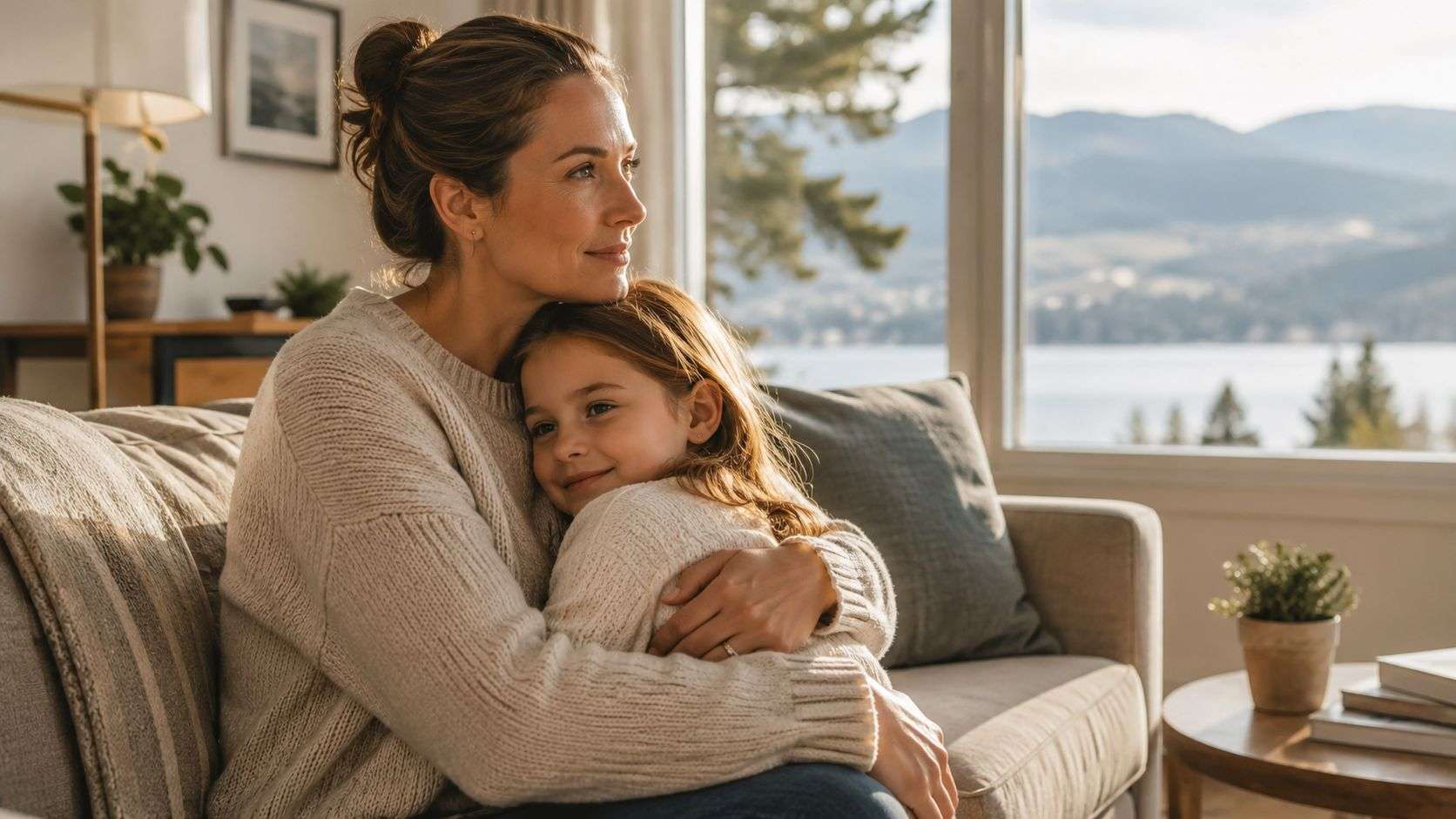 A warm, comforting moment between a mother and her young daughter sitting together on a couch.