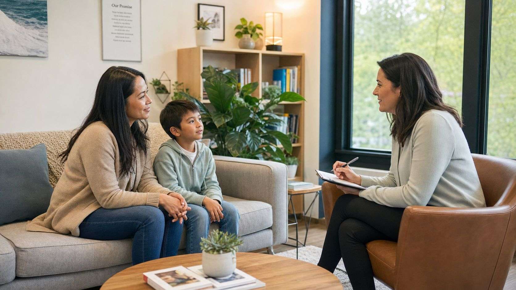 A professional therapist taking notes during a consultation session with a young boy and his mother.