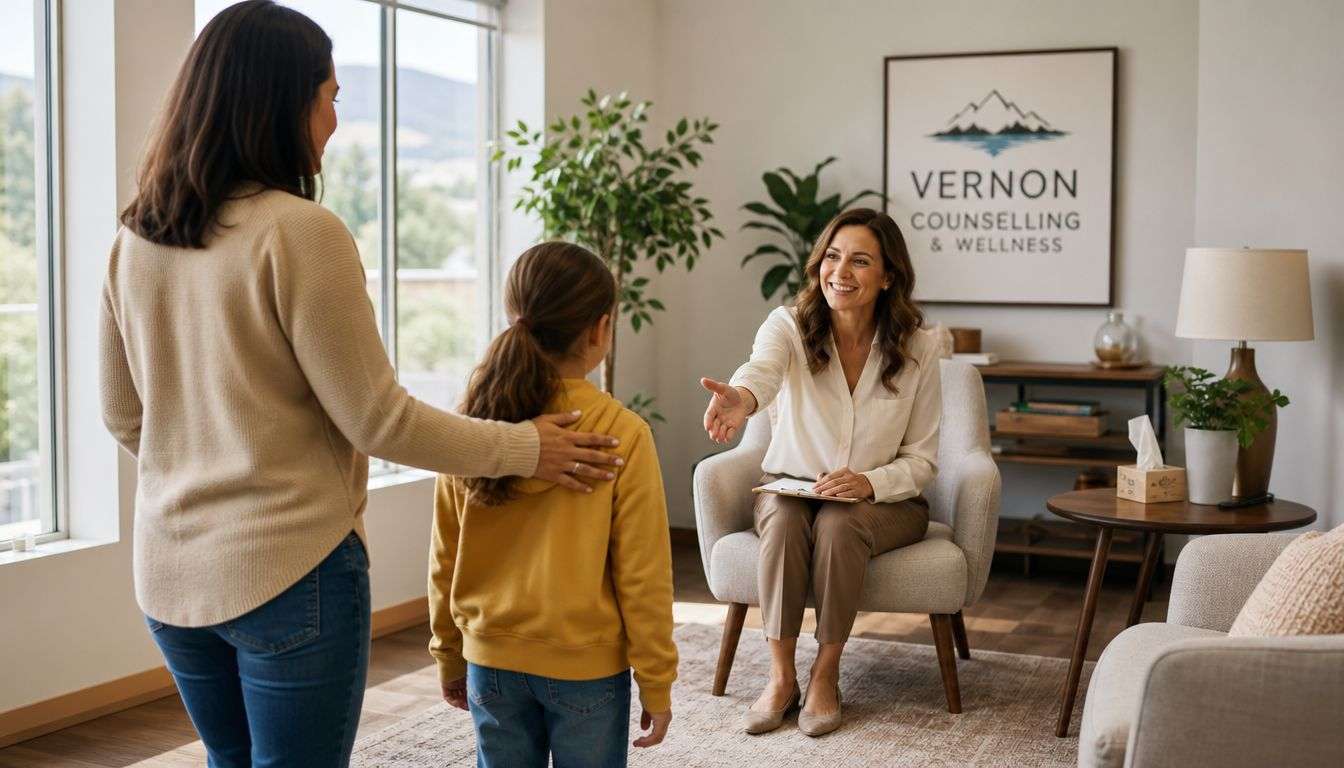 A warm and friendly therapist welcoming a young girl into her counseling office for a therapy session.