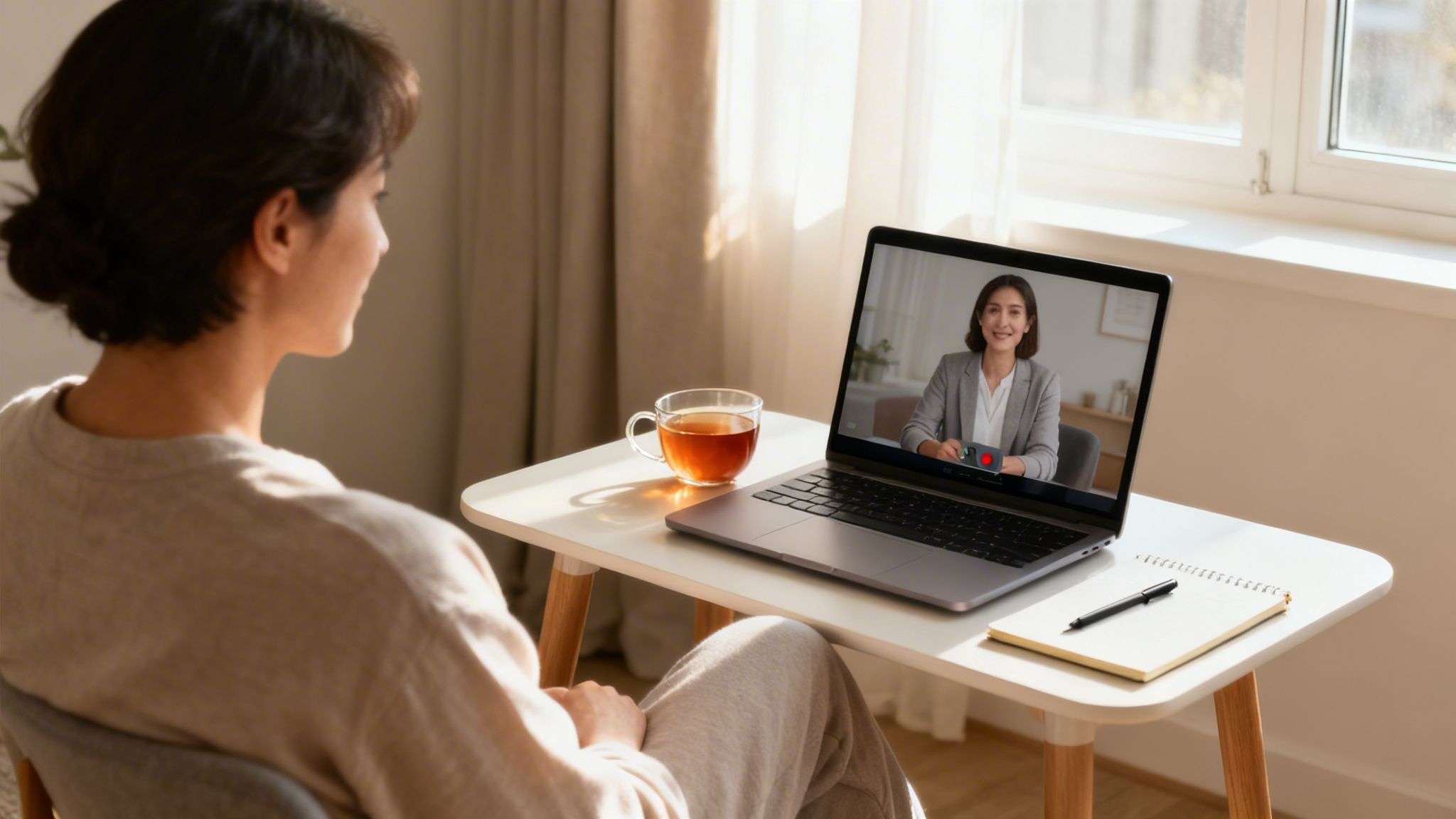 Back of a person watching a virtual mental health support session on a laptop.
