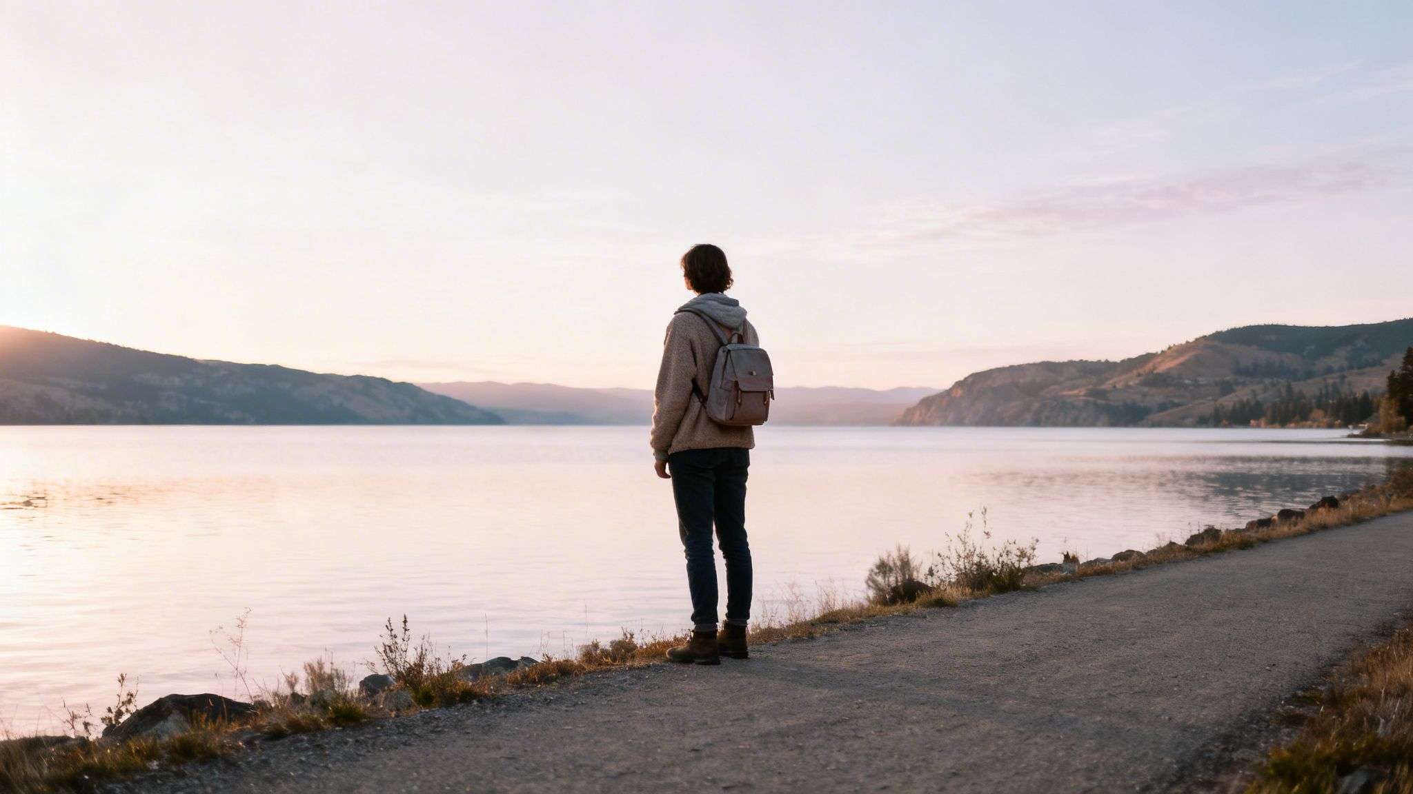 Backpacker gazes at a serene lake surrounded by hills under a pastel sky at sunset.