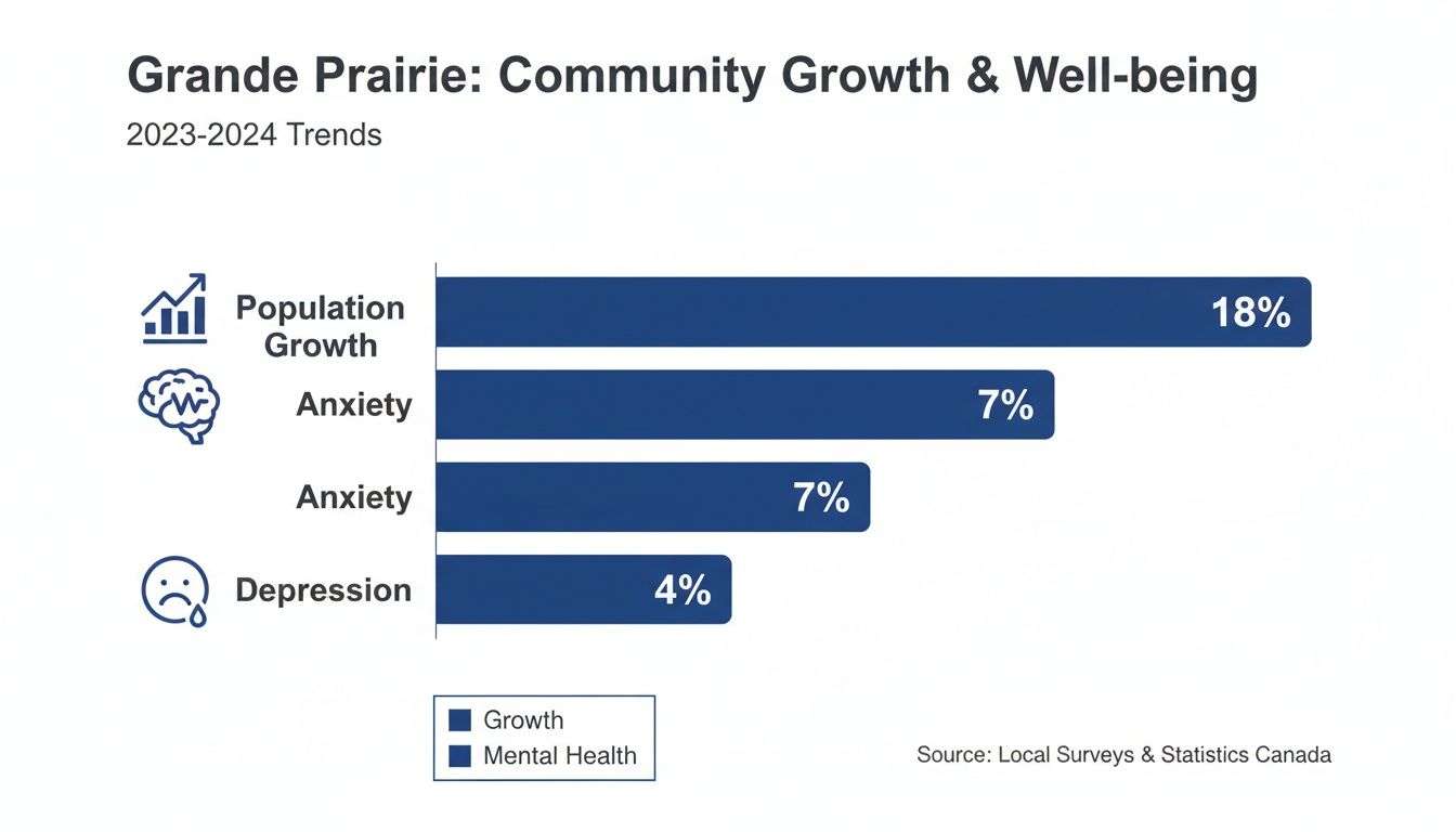 Bar chart showing Grande Prairie 2023-2024 trends for population growth, anxiety, and depression rates.