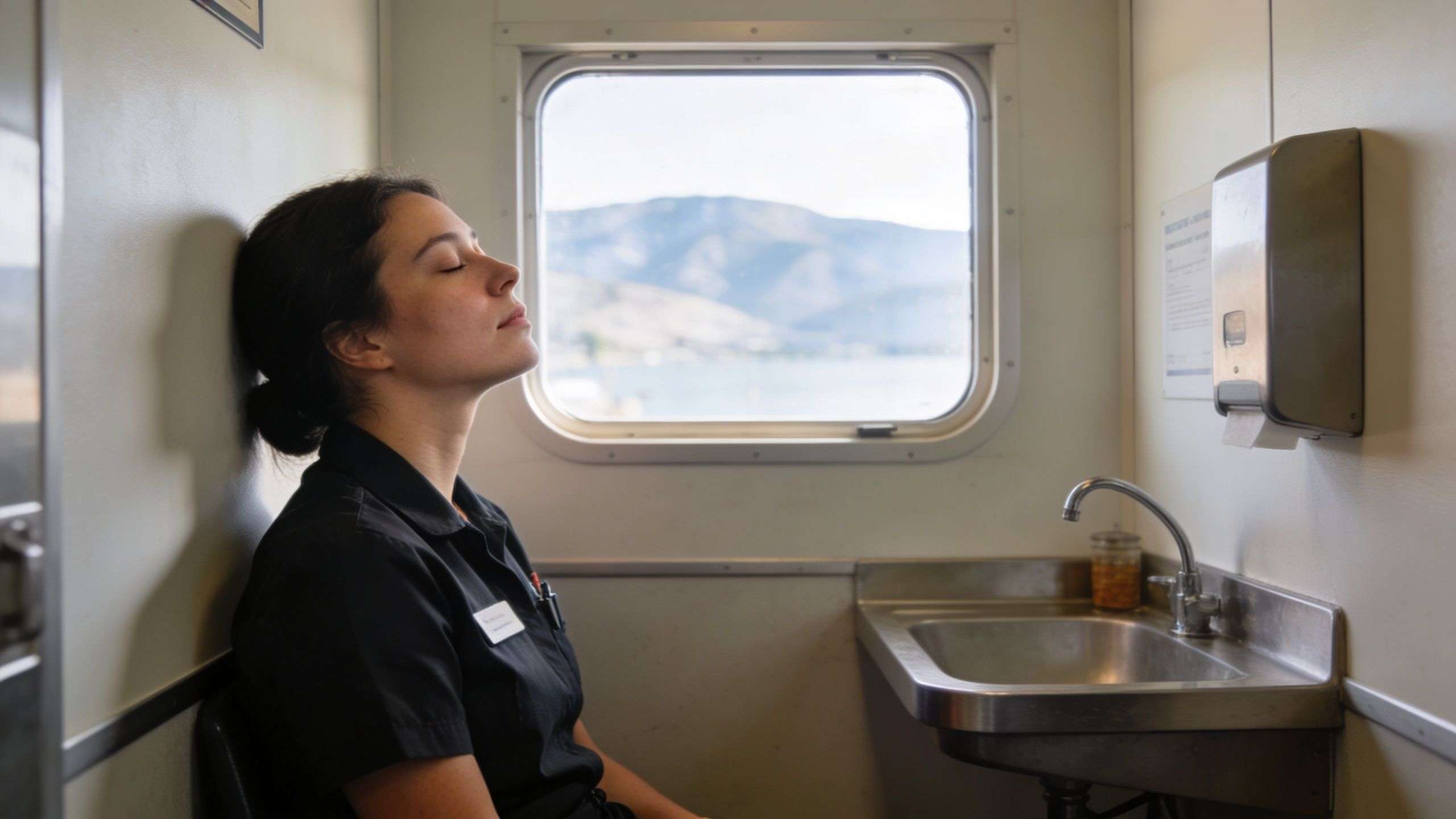 A weary train worker rests with her eyes closed, leaning against the wall in a small cabin.