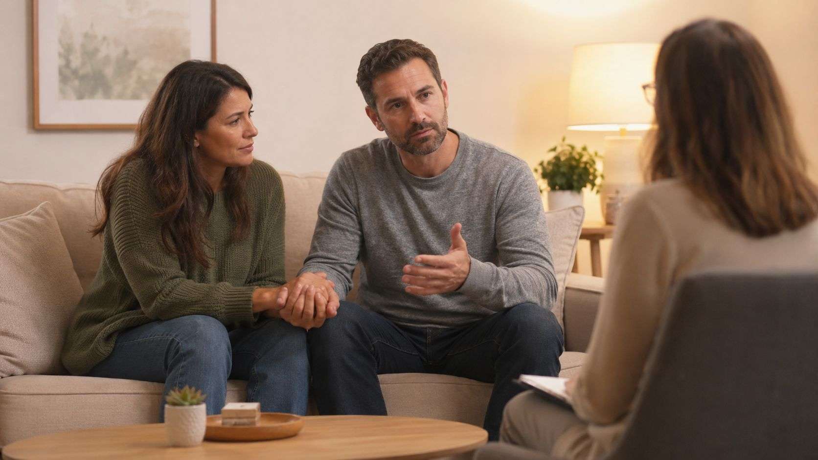 A couple sitting on a couch attending a counseling session with their therapist in a room.