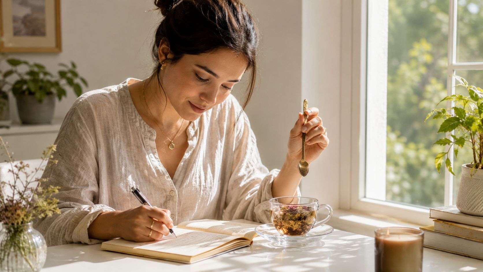 A woman calmly writing in a journal next to a cup of herbal tea by a sunny window.