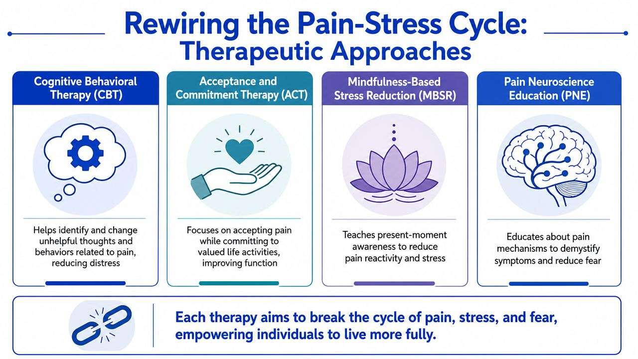 A diagram illustrating four therapeutic approaches, CBT, ACT, MBSR, and PNE, to break the chronic pain-stress cycle.