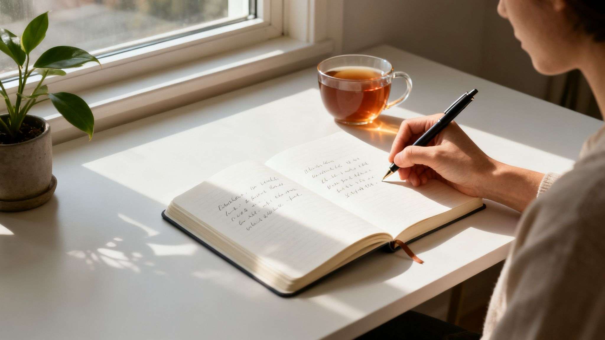 Close-up of a person journaling in a notebook with a pen, tea, and plant on a sunny desk.