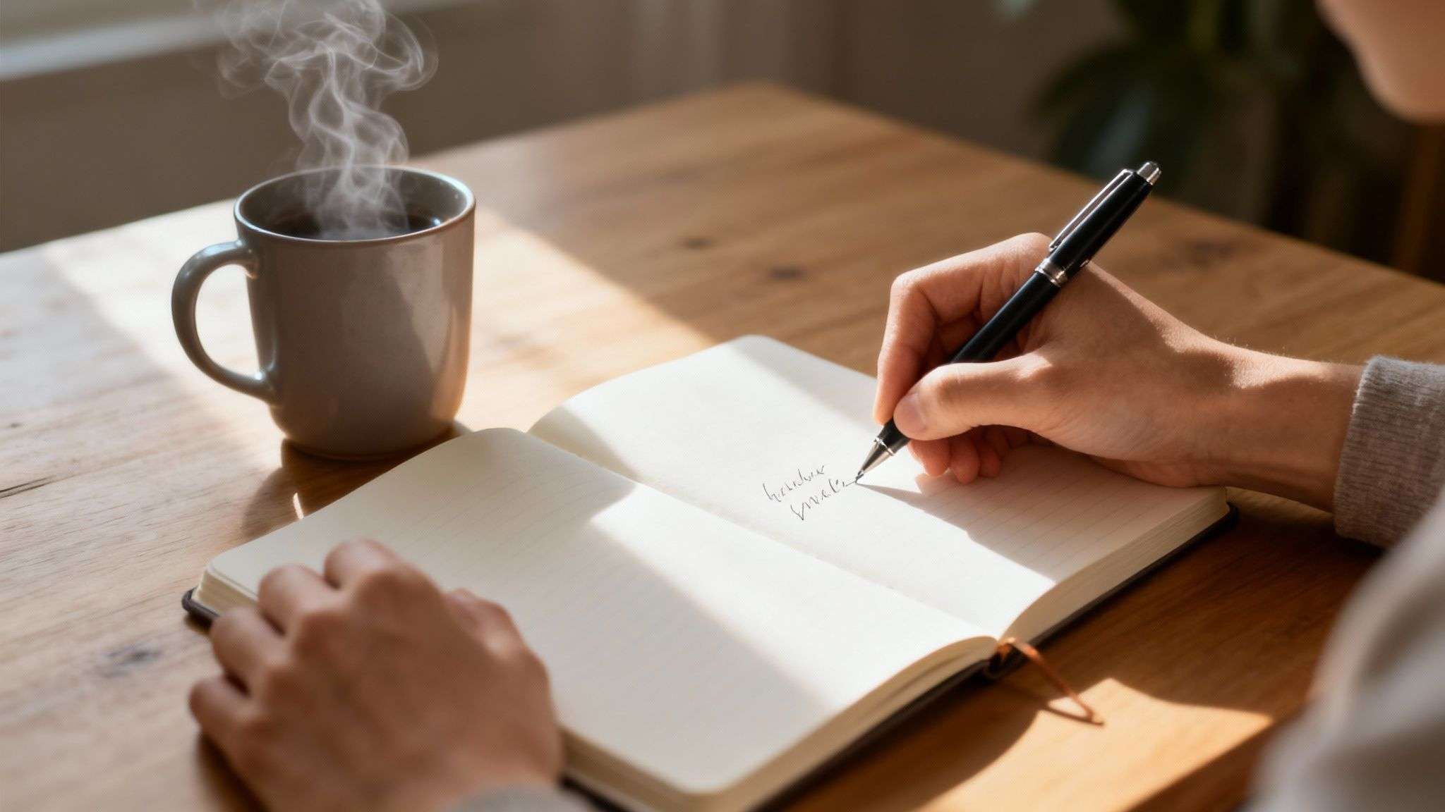 Close-up of a person writing in a journal with a pen, next to a steaming coffee cup on a wooden table.