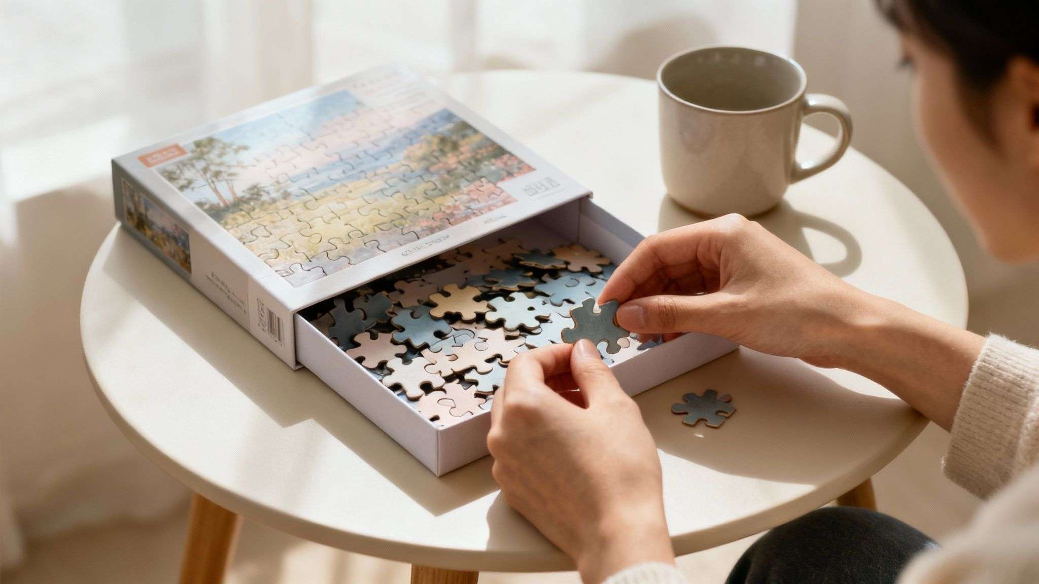 Close-up of hands assembling a jigsaw puzzle on a light table with an open box and a mug.