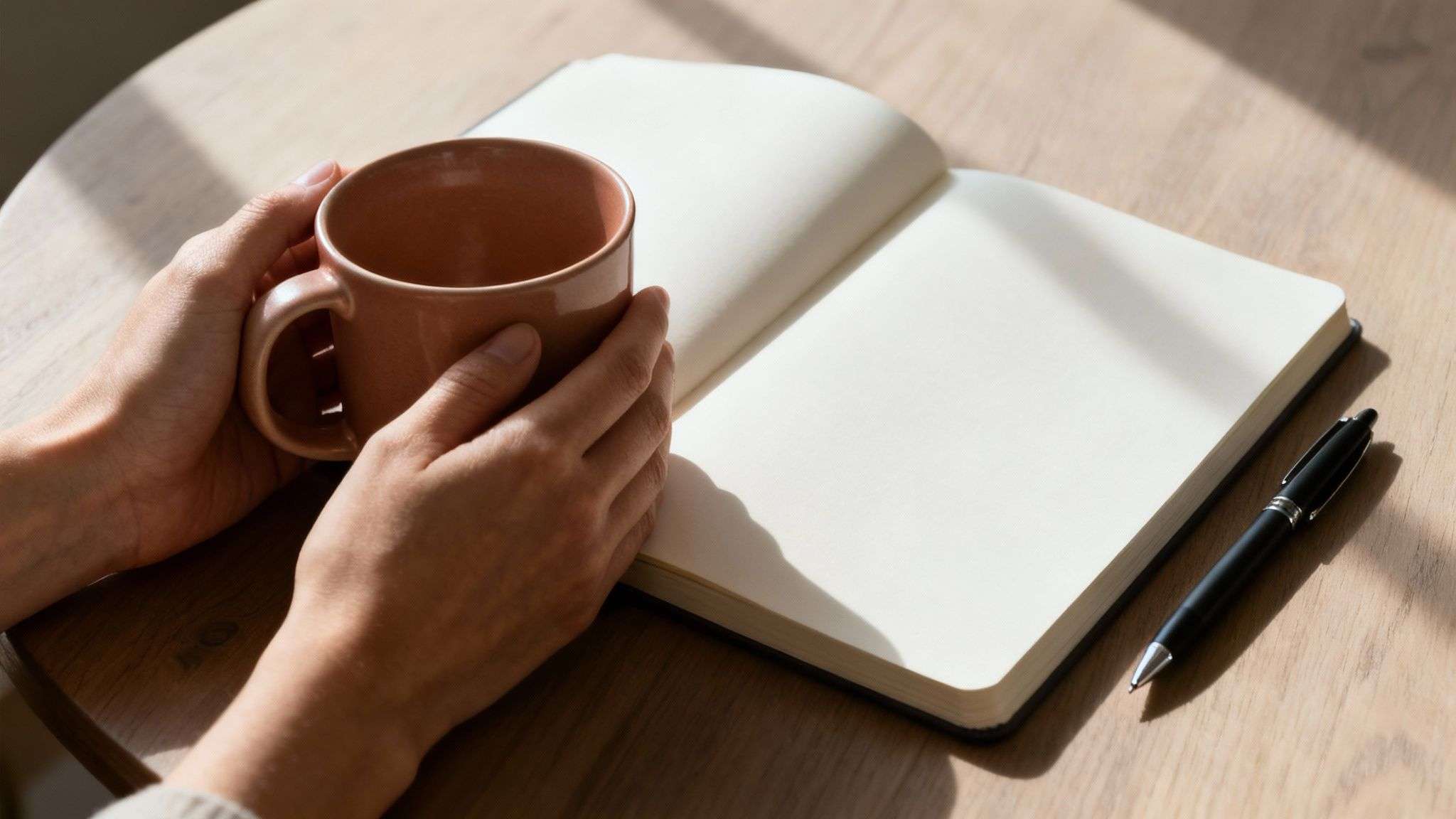 Close-up of hands holding a warm coffee mug next to an open notebook and pen, bathed in sunlight.
