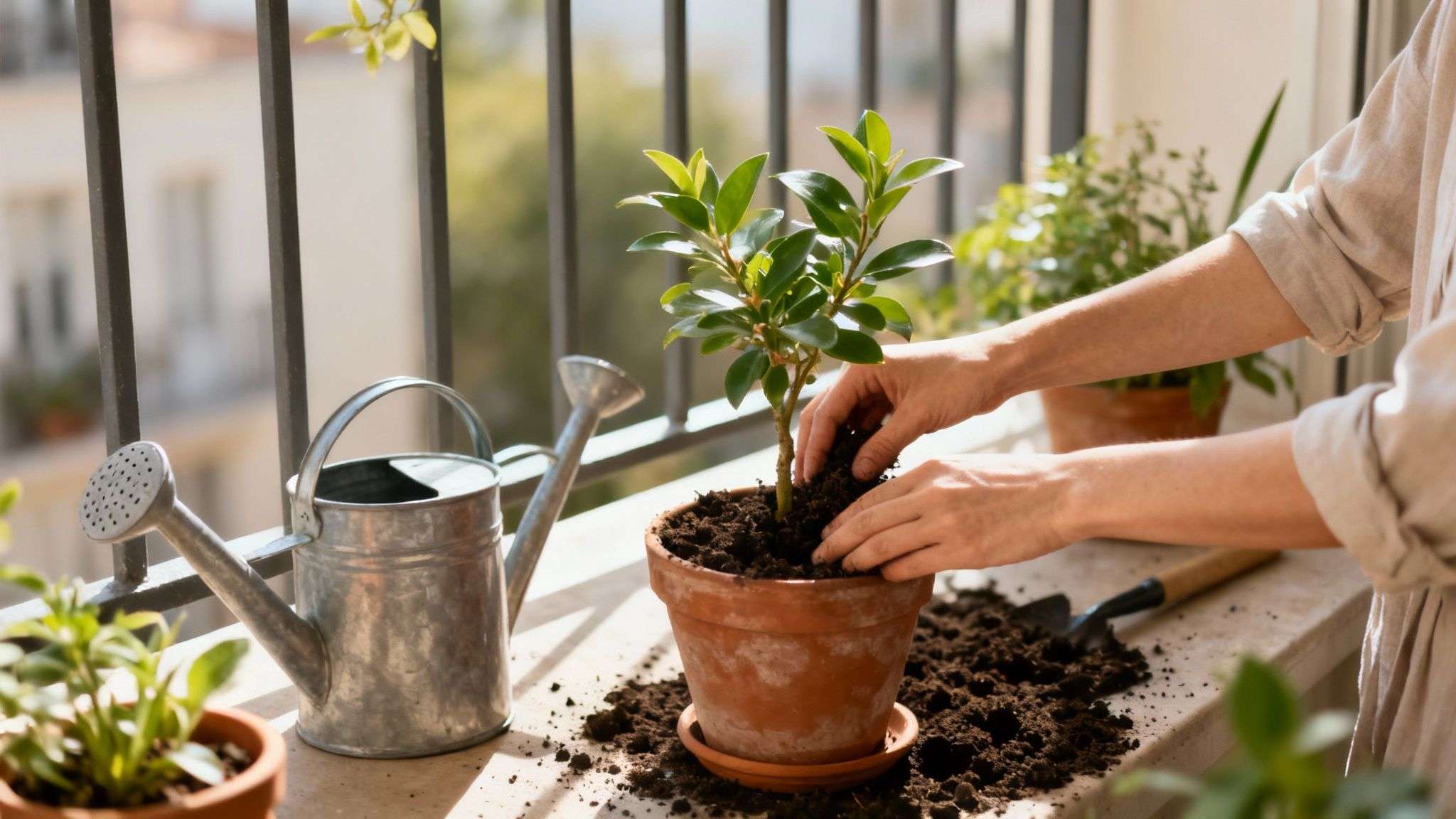 Close-up of hands repotting a small green plant into a terracotta pot on a sunny balcony.