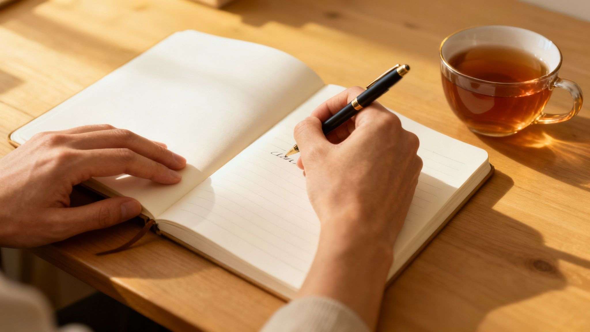 Close-up of hands writing in a lined notebook with a fountain pen, next to a cup of hot tea on a wooden desk.