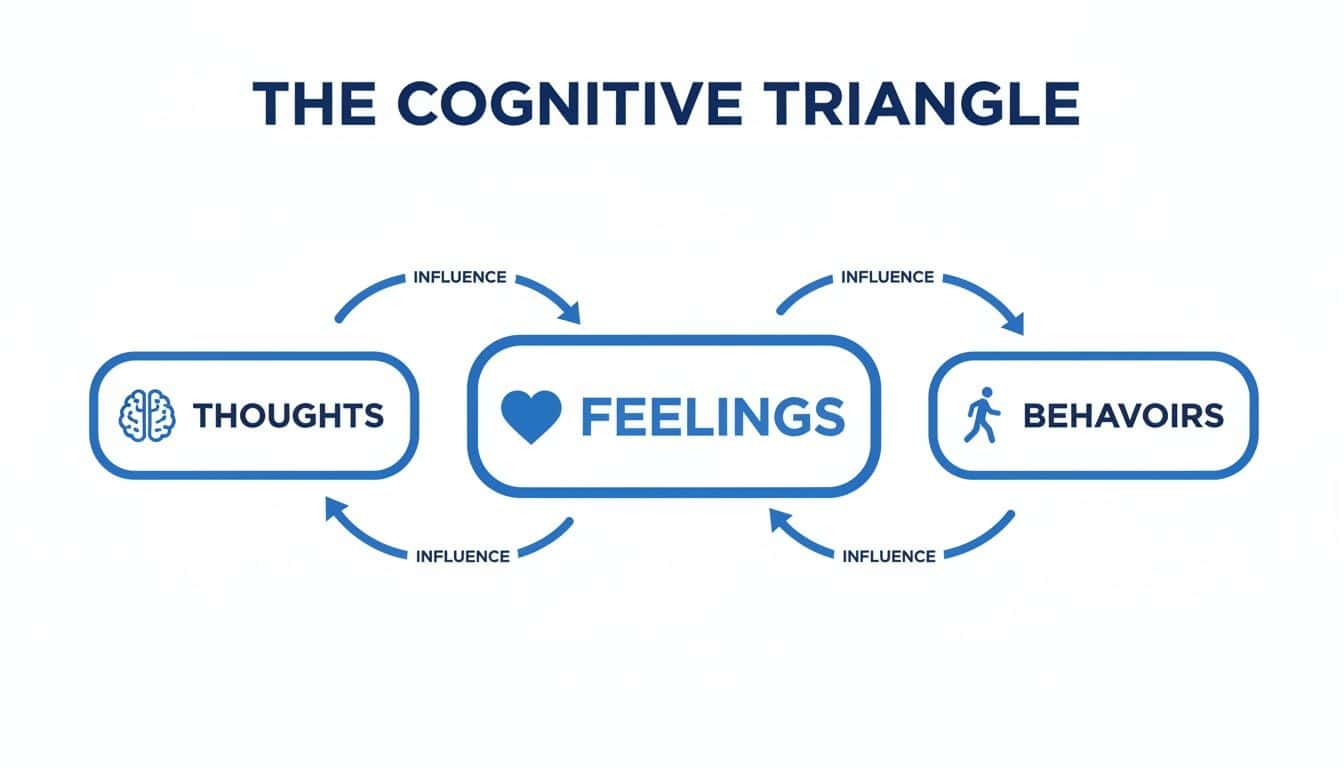 A diagram illustrating The Cognitive Triangle, showing how thoughts, feelings, and behaviors influence each other in a continuous cycle.