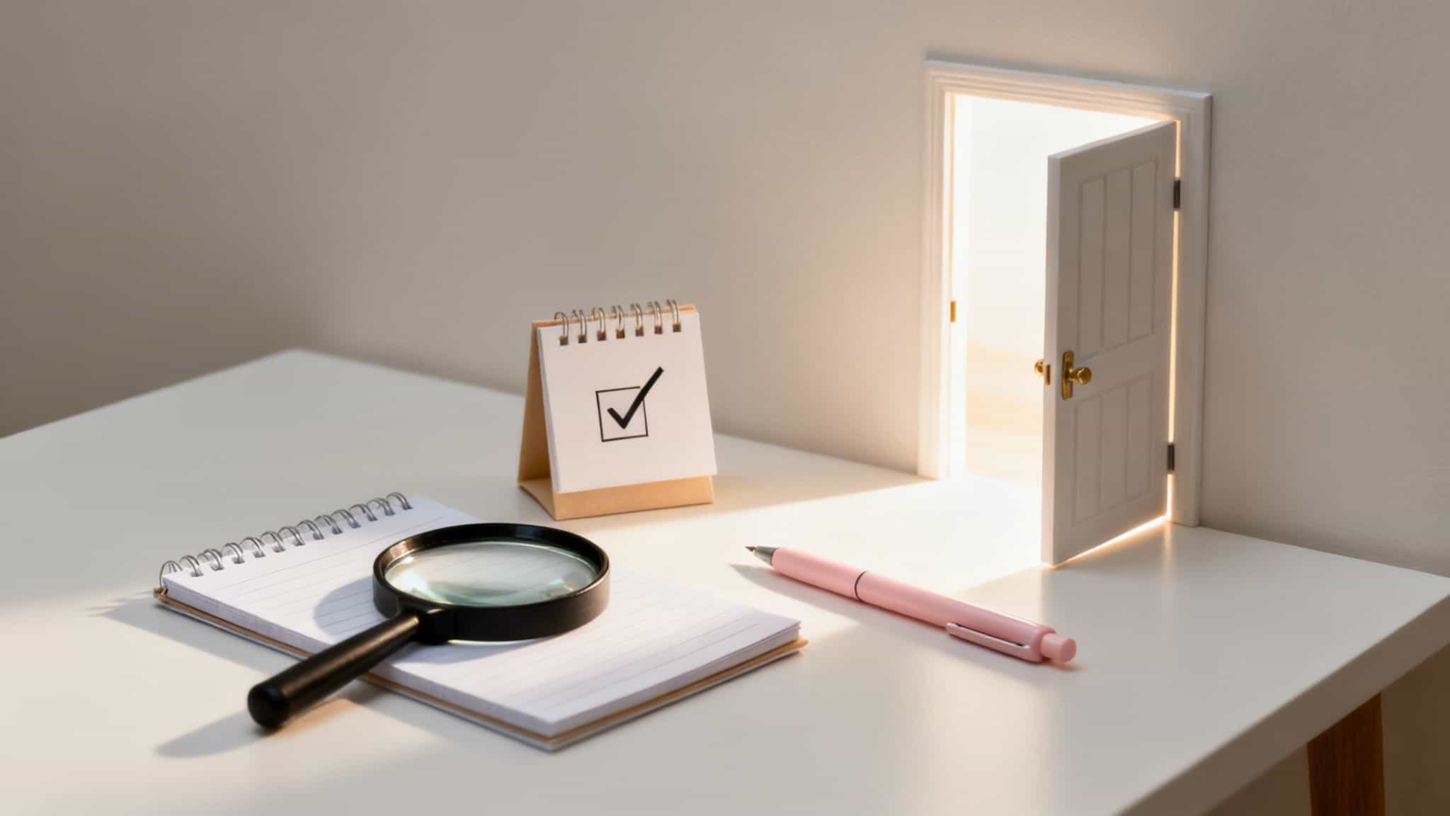 A desk with a notebook, magnifying glass, pen, and a calendar displaying a checkmark, next to an open door with bright light.