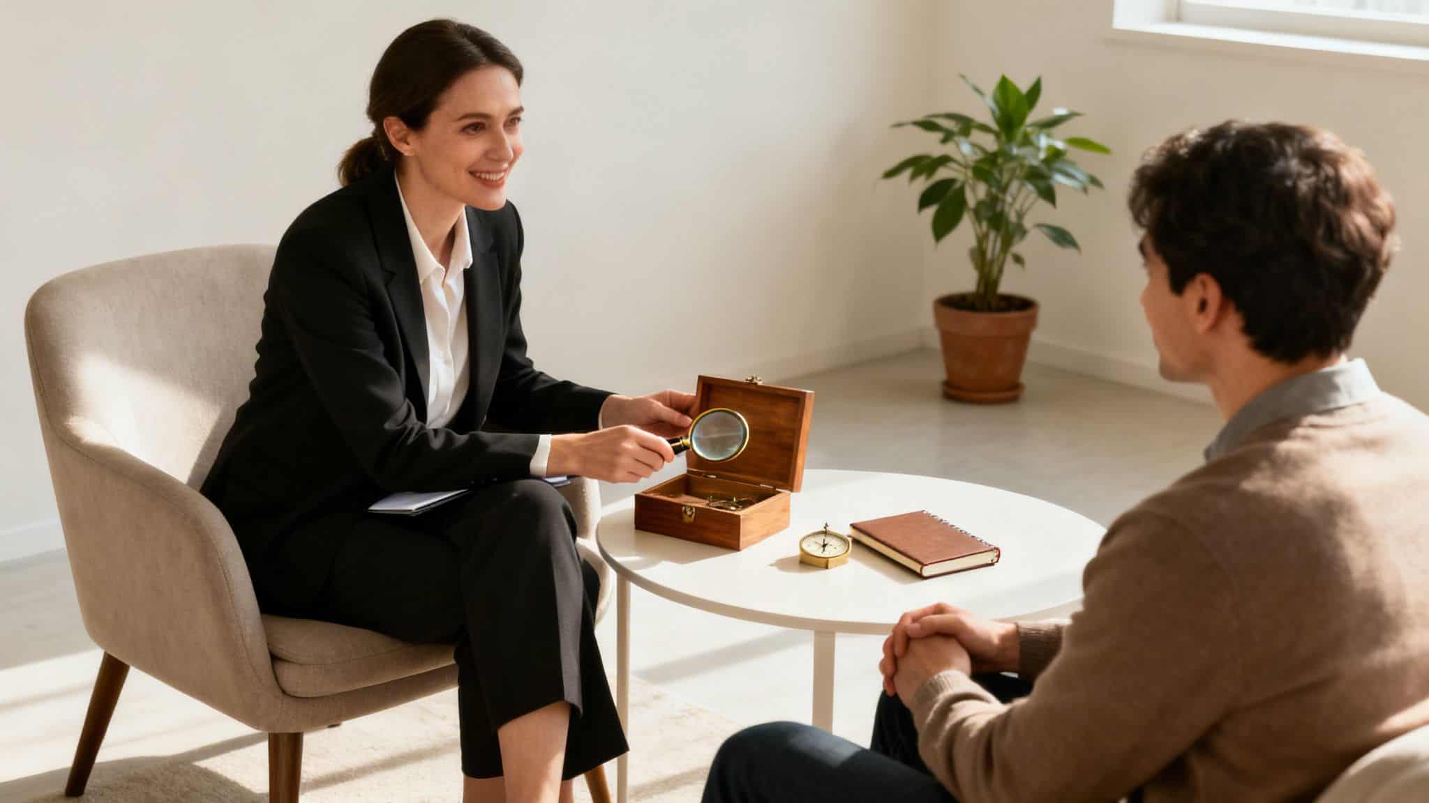 A smiling female psychologist holds a magnifying glass and wooden box during a session with a male client.