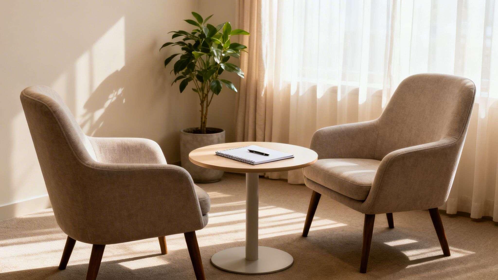 Comfortable counseling room with two chairs, a small table, notebook, and plant by window.