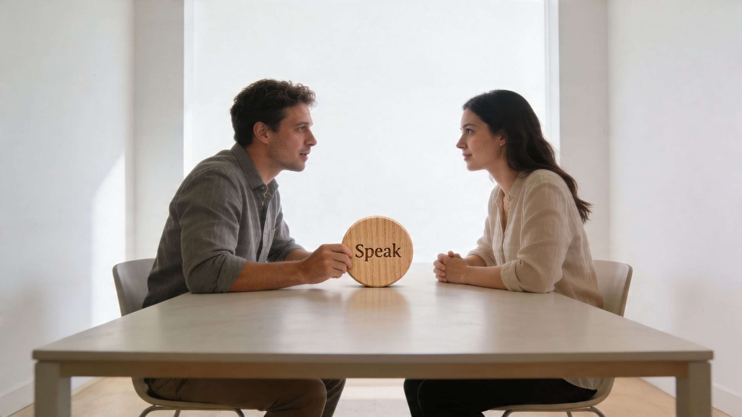 A young couple sits at a table facing each other while holding a wooden sign labeled Speak.