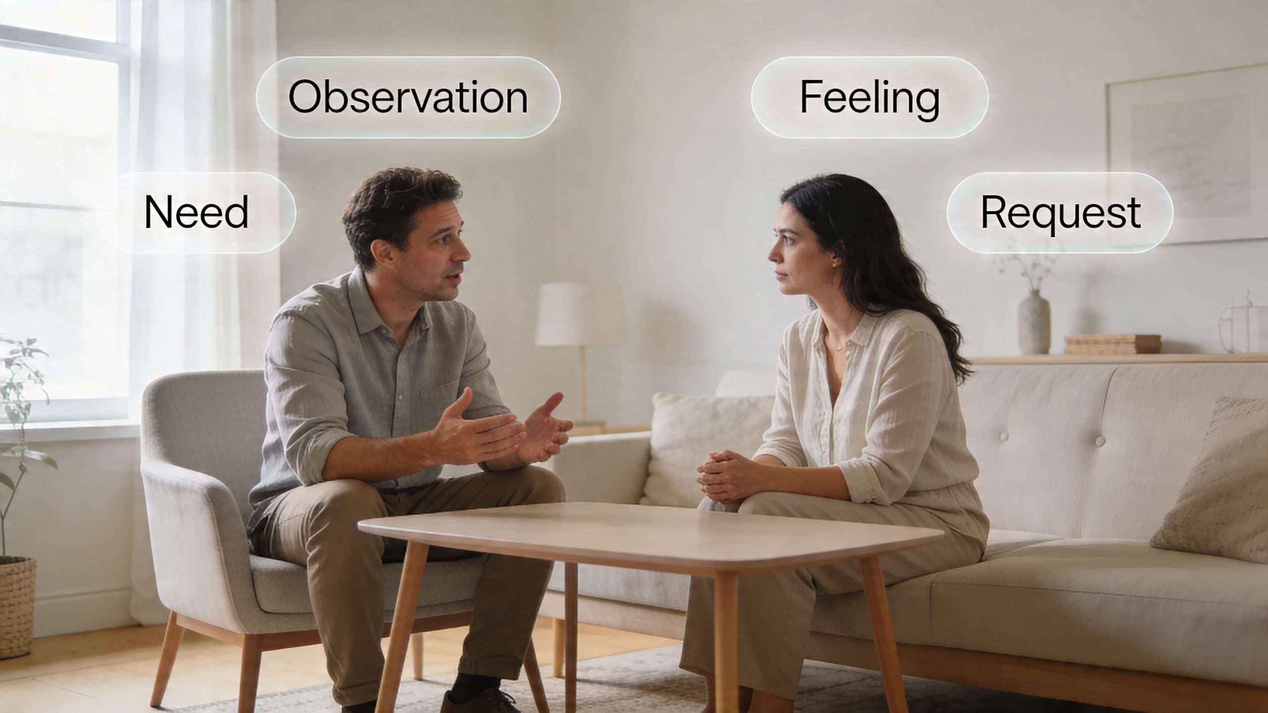 A man and woman sitting in a living room having a serious conversation about communication exercises.